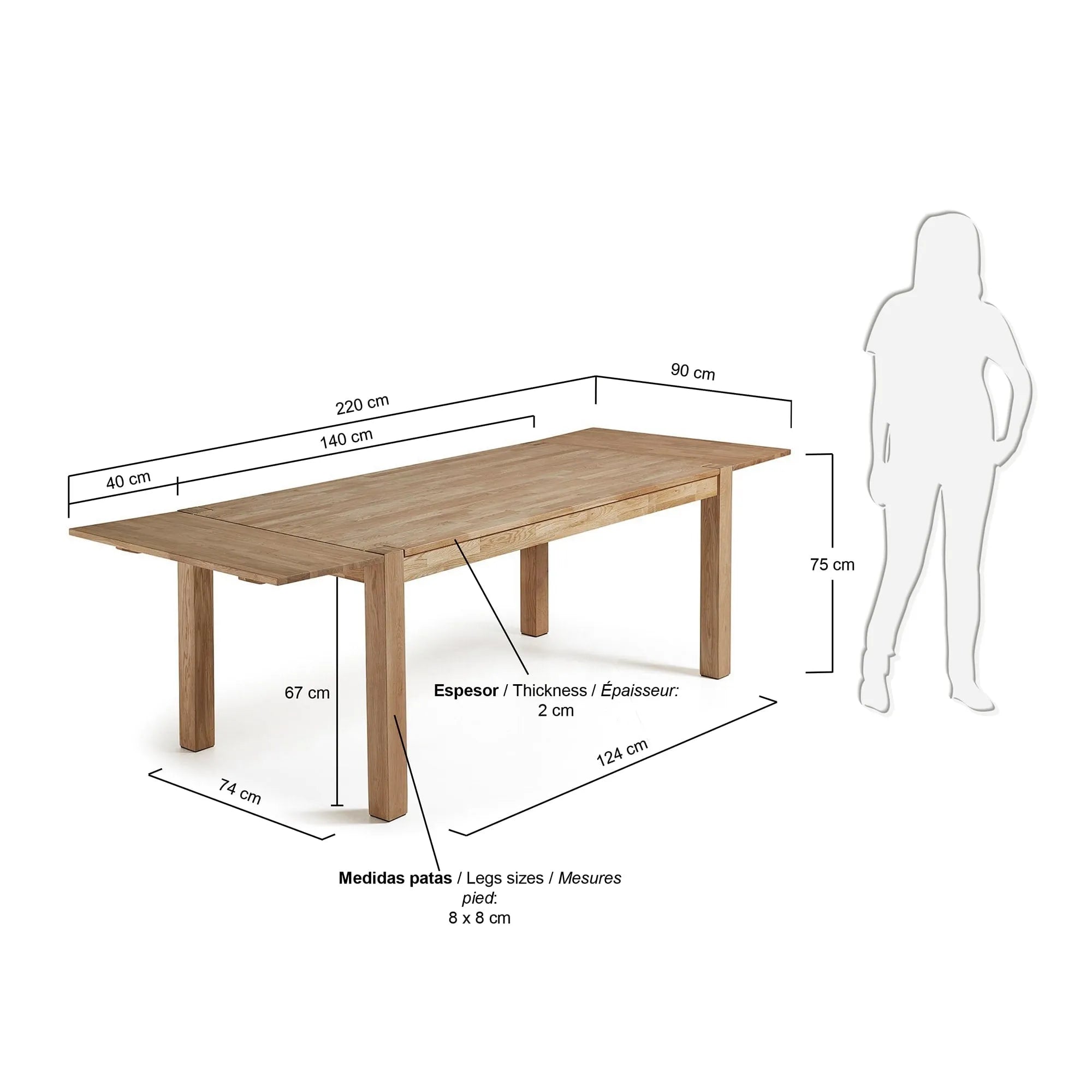 Eleganter, ausziehbarer Tisch aus massivem Eichenholz, ideal für gesellige Runden und stilvolle Mahlzeiten.