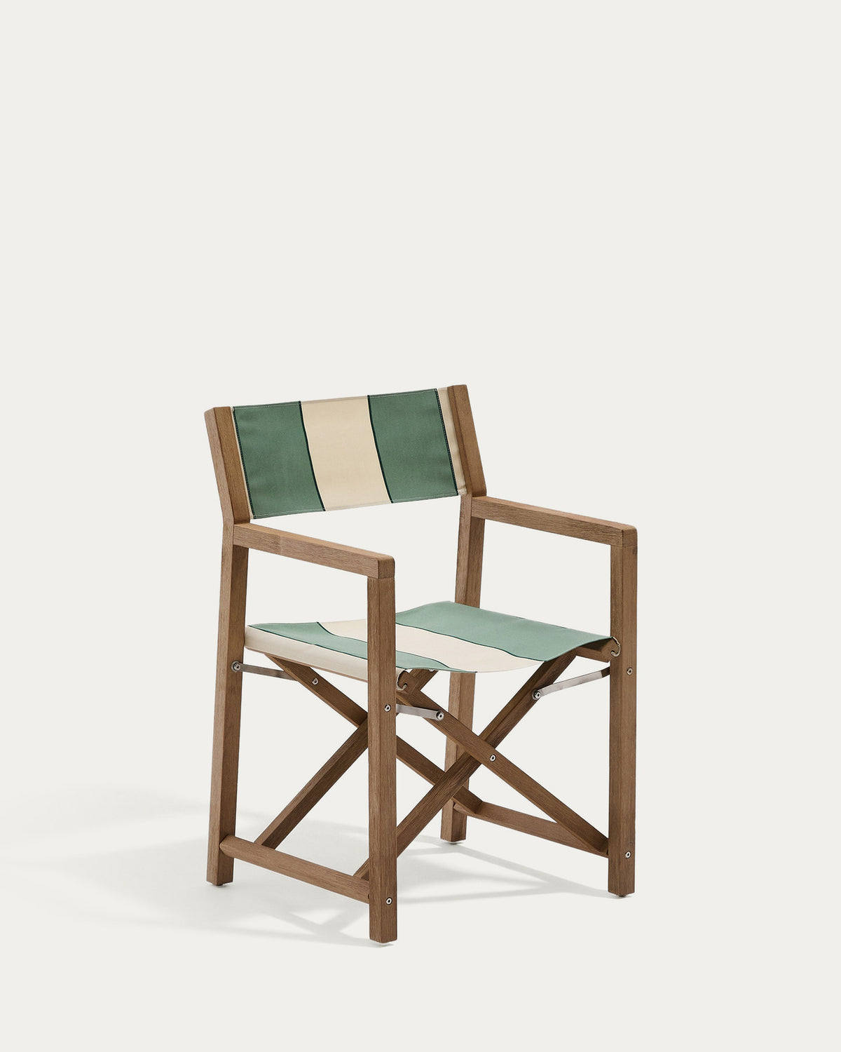 Grün-beige gestreifter Outdoor-Klappstuhl Vilara aus massivem Akazienholz, FSC™ 100% in Grün, Weiss, Braun präsentiert im Onlineshop von KAQTU Design AG. Gartenstuhl mit Armlehnen ist von Kave Home