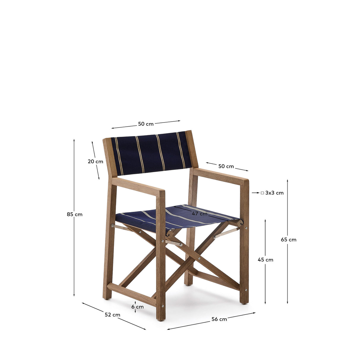 Blau-beige gestreifter Outdoor-Klappstuhl Vilara aus massivem Akazienholz, FSC™ 100% in Dunkelblau, Weiss, Braun präsentiert im Onlineshop von KAQTU Design AG. Gartenstuhl mit Armlehnen ist von Kave Home
