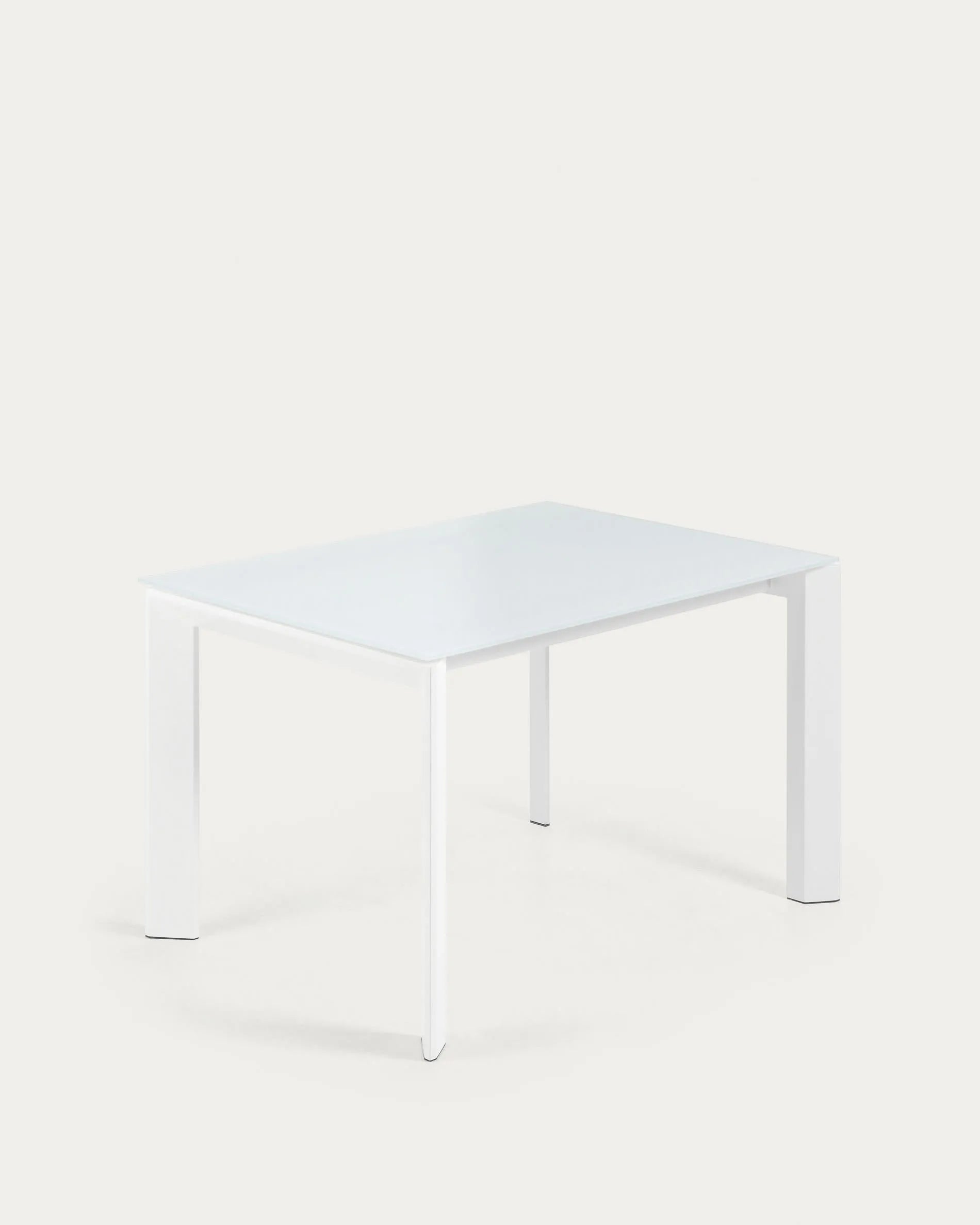 3D-Modell: Axis Ausziehtisch, weiße Glasplatte, Stahlbeine, ausziehbar 120-180 cm, elegant und stilvoll.