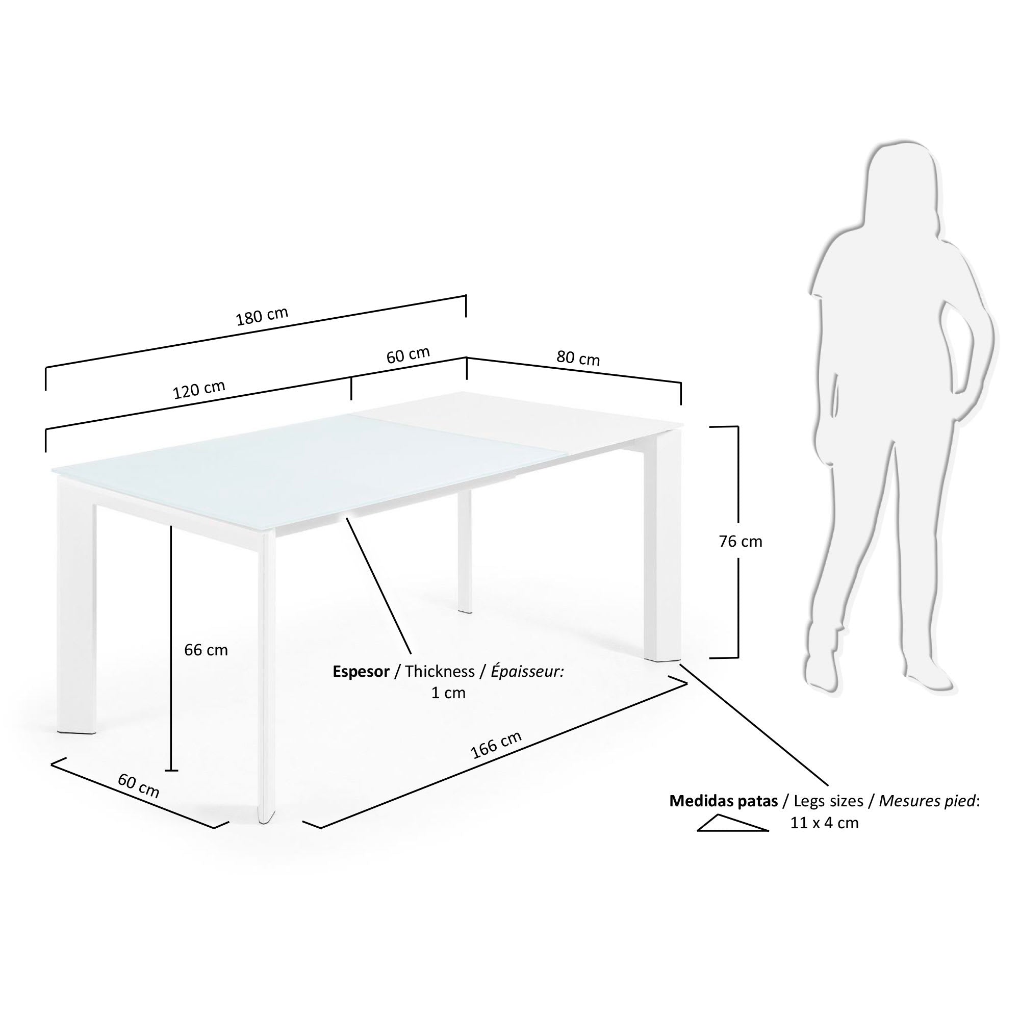 Eleganter Axis Ausziehtisch mit weißer Glasplatte und Stahlbeinen, ausziehbar von 120 auf 180 cm, perfekt für moderne Esszimmer.