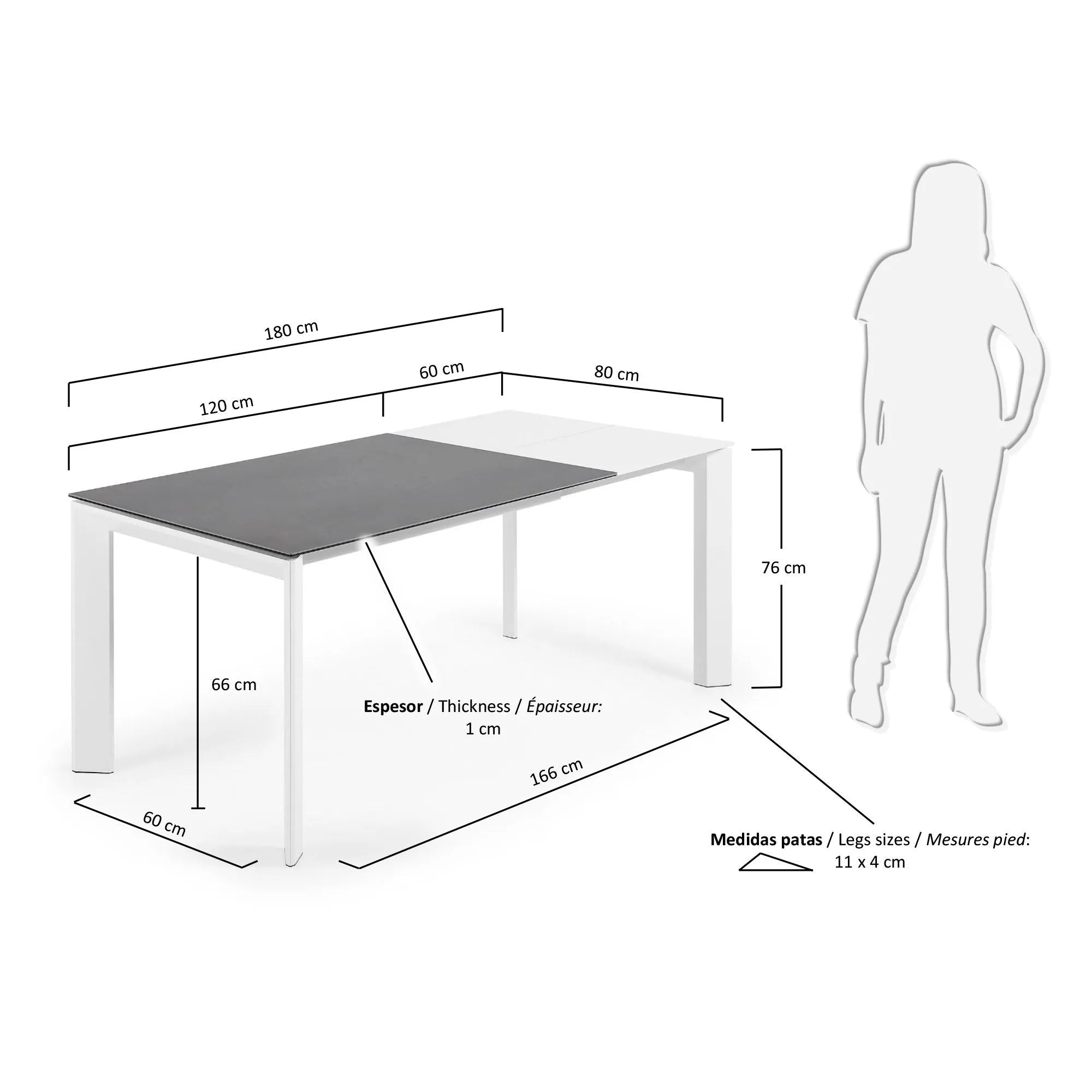 Moderner Ausziehtisch mit kratzfester Feinsteinzeugplatte und stabilen weißen Stahlbeinen, erweiterbar von 120 auf 180 cm.