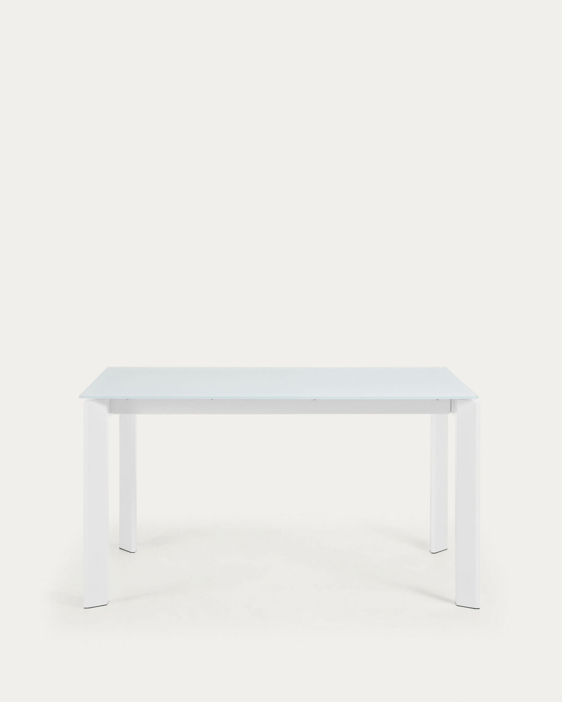 Moderner Axis Ausziehtisch mit weißer Glasplatte und Stahlbeinen, ausziehbar von 140 auf 200 cm, ideal für stilvolle Räume.
