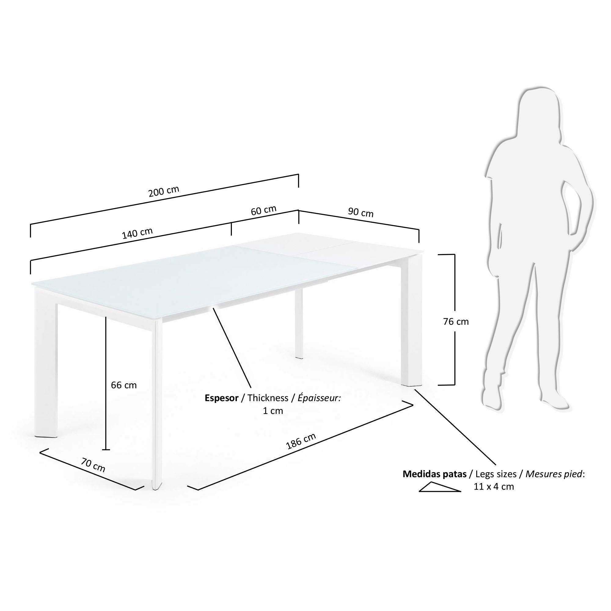 Eleganter Axis Ausziehtisch mit weißer Glasplatte und Stahlbeinen, ausziehbar von 140 auf 200 cm, perfekt für moderne Esszimmer.
