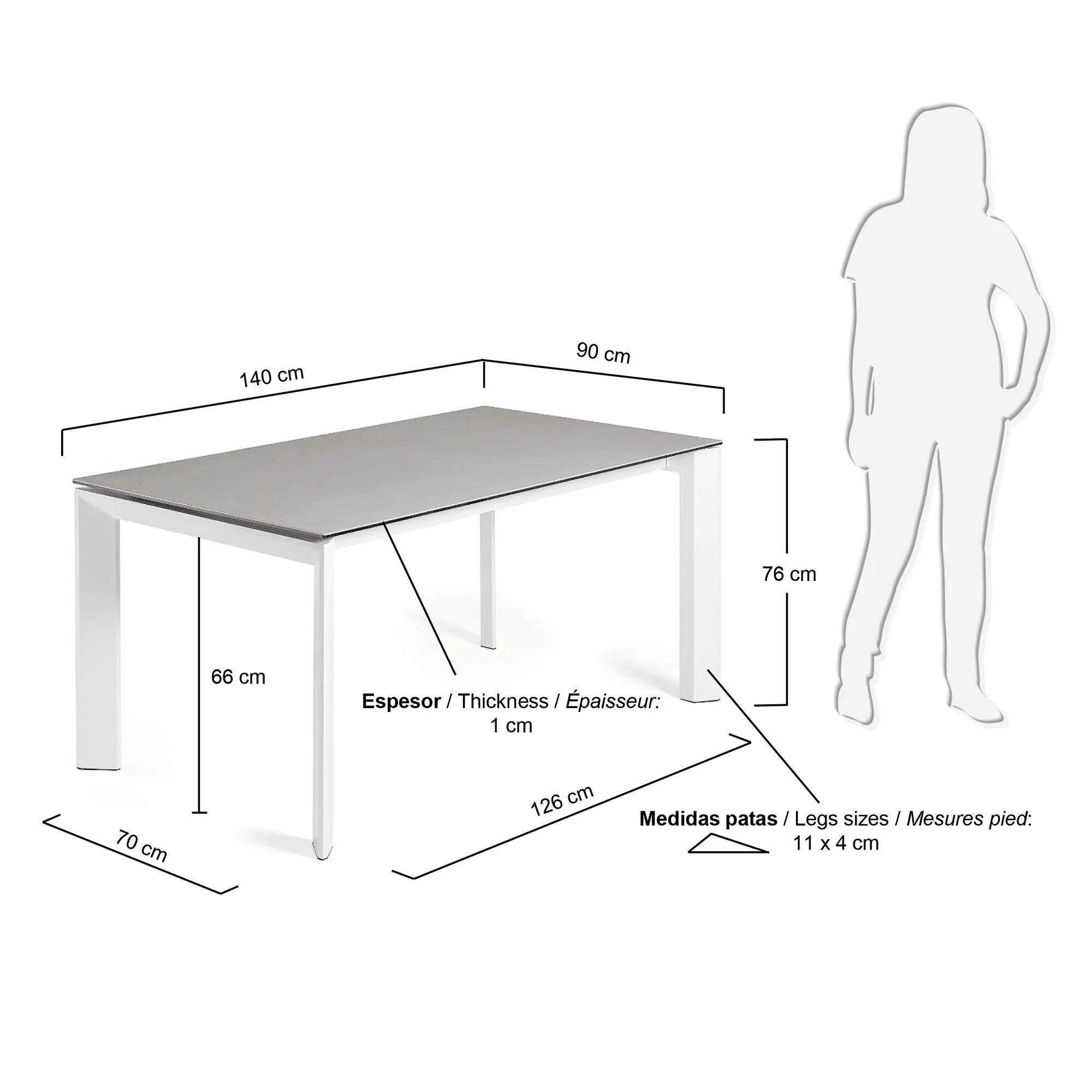 Moderner Ausziehtisch mit robuster Feinsteinzeugplatte und weißen Stahlbeinen, erweiterbar von 140 auf 200 cm.