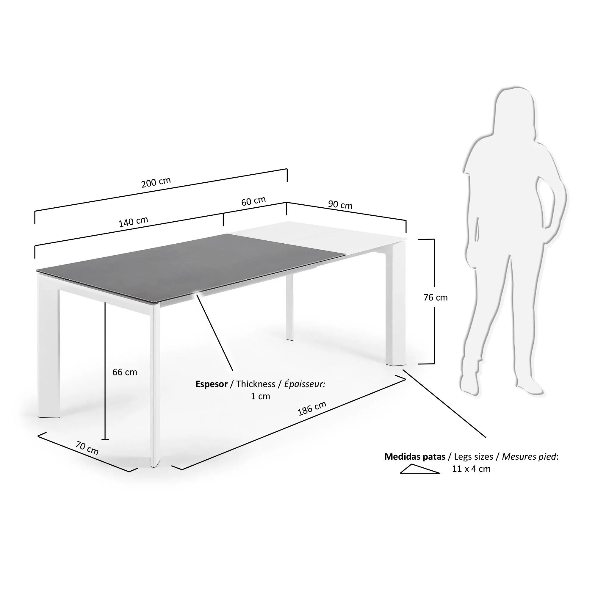 Moderner Ausziehtisch mit robuster Feinsteinzeugplatte in Vulcano Roca Optik und eleganten weißen Beinen.