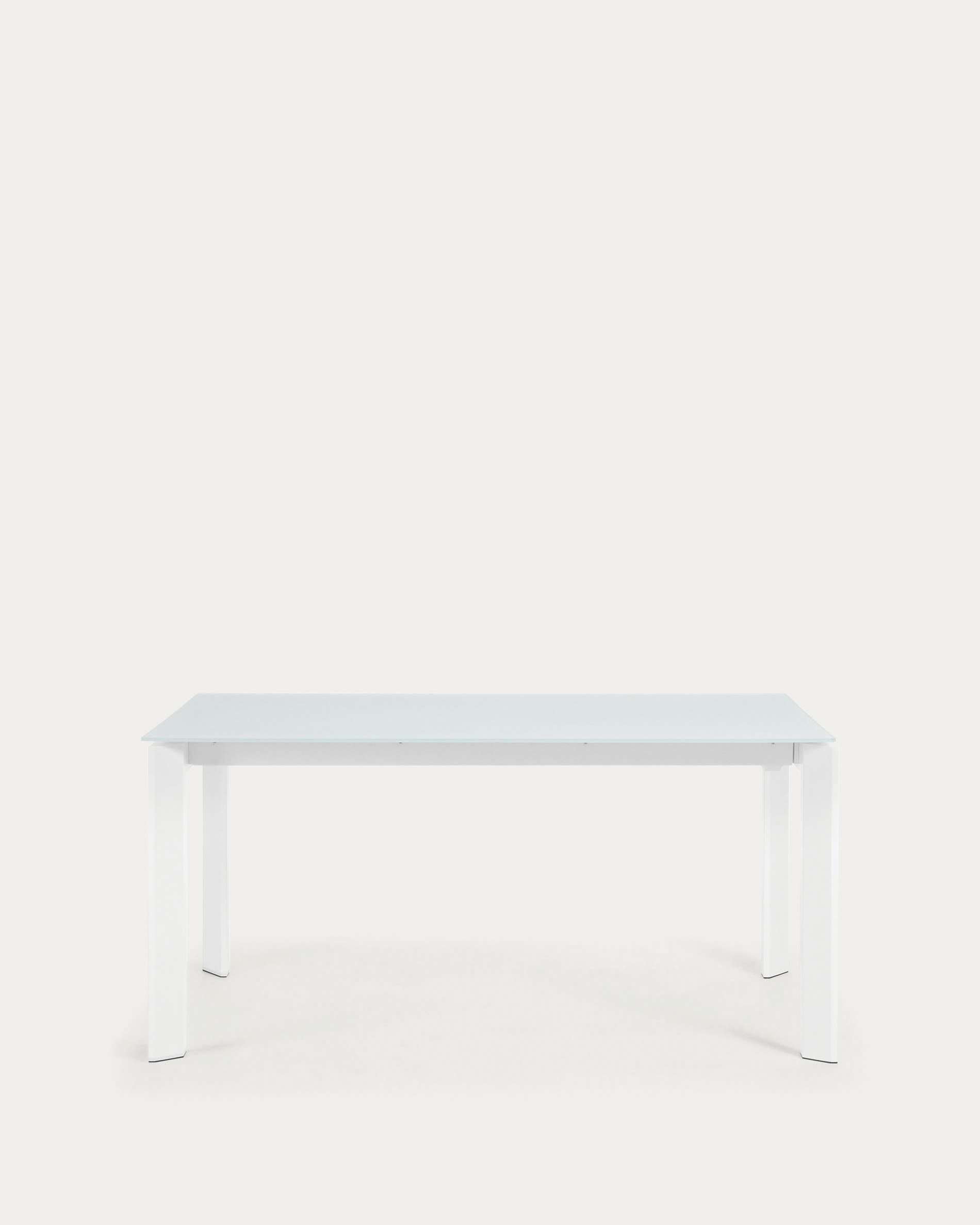 Moderner Axis Ausziehtisch mit weißer Glasplatte und Stahlbeinen, ideal für stilvolle Essbereiche, 160-220 cm.