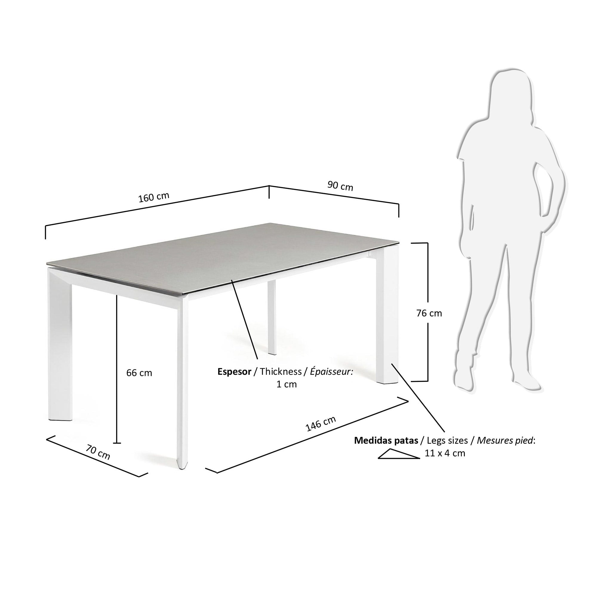 Eleganter Axis Ausziehtisch mit Hydra Plomo Feinsteinzeugplatte und weißen Beinen, 160-220 cm, von Kave Home.