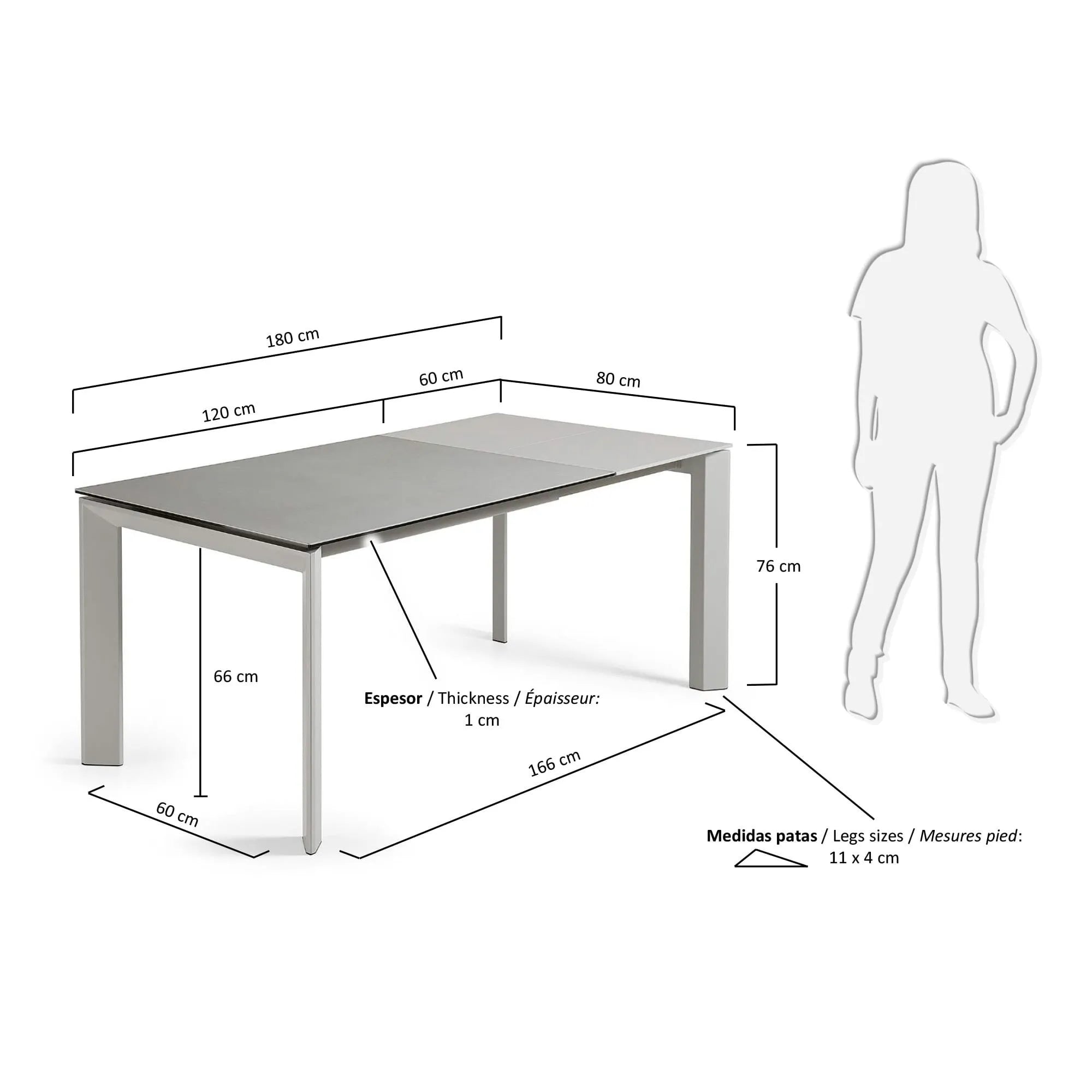 Eleganter Axis Ausziehtisch mit Hydra Plomo Feinsteinzeugplatte und grauen Stahlbeinen, ausziehbar von 120 auf 180 cm.