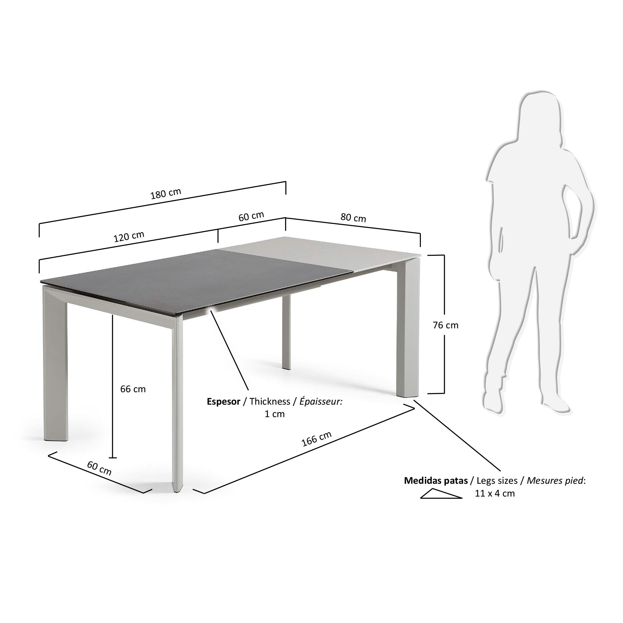 Eleganter Ausziehtisch mit grauen Beinen und Feinsteinzeugplatte im Vulcano Roca Look, ausziehbar von 120 auf 180 cm.