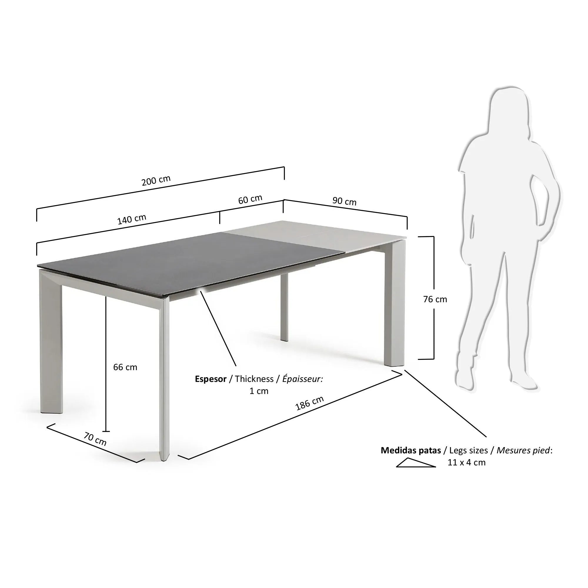 Moderner Ausziehtisch mit robuster Feinsteinzeugplatte und grauen Beinen, flexibel von 140 auf 200 cm erweiterbar.