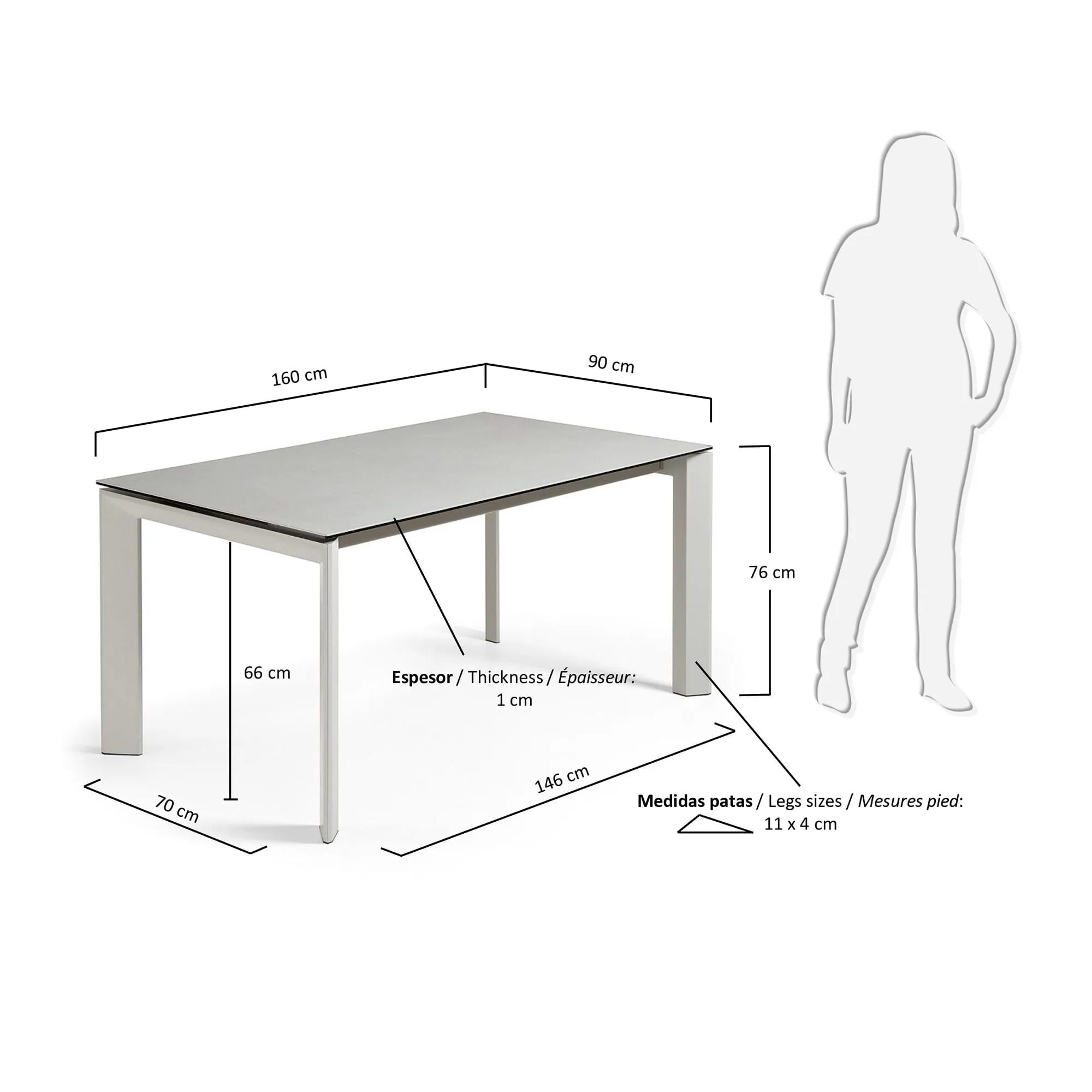Moderner Ausziehtisch mit robuster Feinsteinzeugplatte, grauen Beinen und flexibler Größe von 160 bis 220 cm.