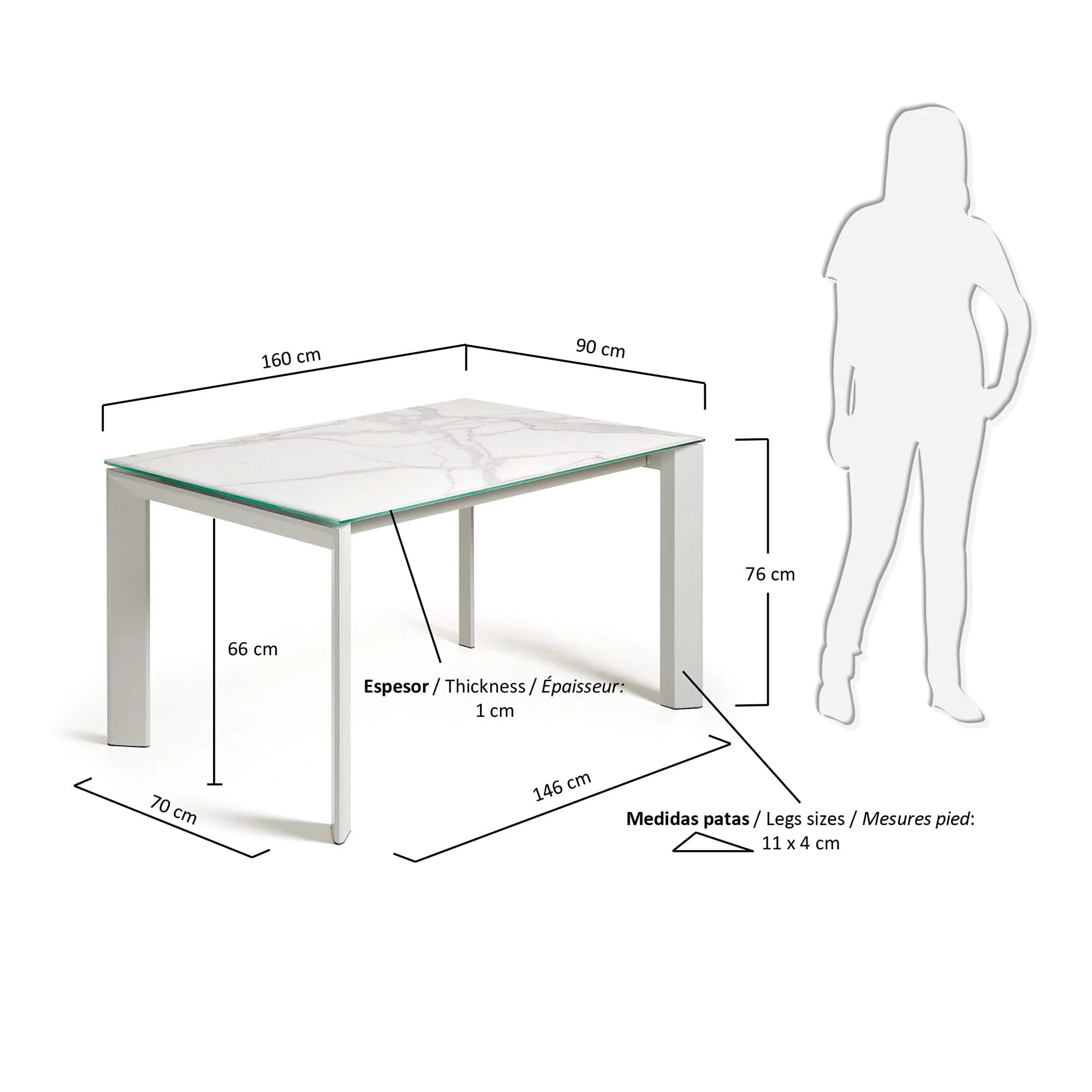 Moderner Ausziehtisch mit robuster Feinsteinzeugplatte in Kalos Blanco, graue Beine, erweiterbar von 160 auf 220 cm.