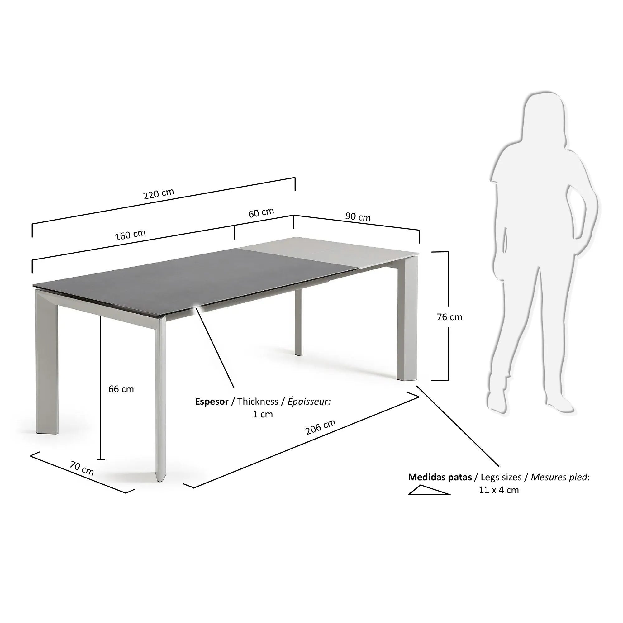 Moderner Ausziehtisch mit robuster Feinsteinzeugplatte, grauen Beinen und flexibler Länge von 160 bis 220 cm.