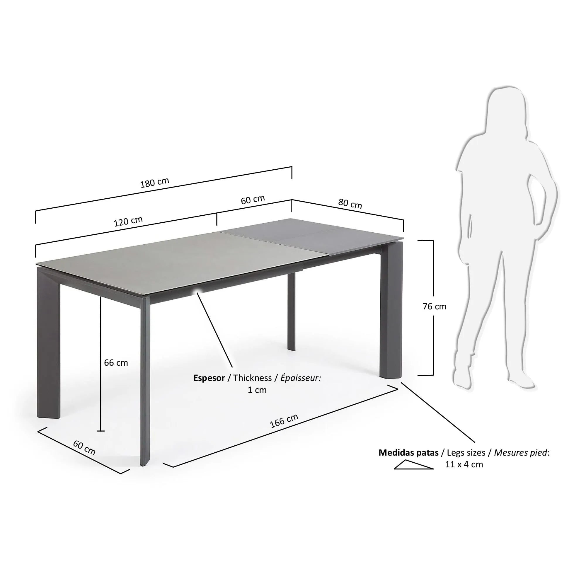 Eleganter Ausziehtisch mit Feinsteinzeug-Oberfläche und Stahlbeinen, erweiterbar von 120 auf 180 cm.