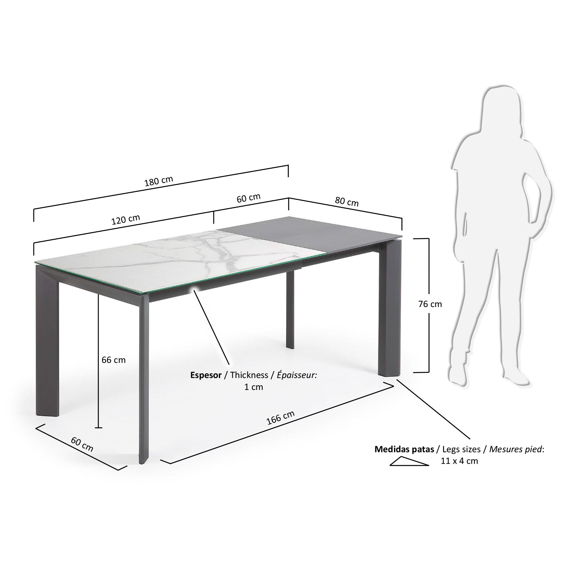 Eleganter Ausziehtisch mit Kalos Weißer Feinsteinzeugplatte und dunkelgrauen Beinen, erweiterbar von 120 auf 180 cm.