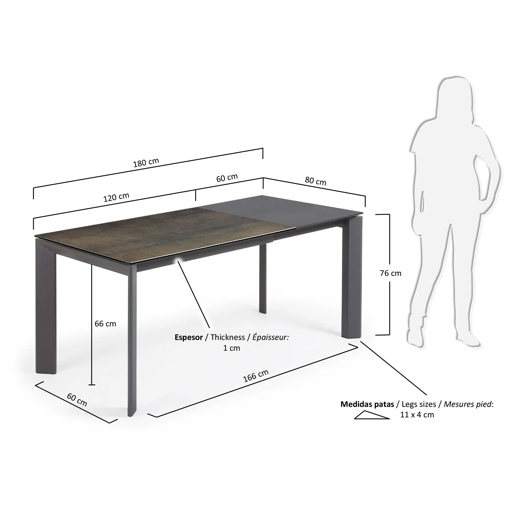 Der Axis Ausziehtisch von Kave Home besticht durch seine Feinsteinzeugplatte im Iron Moss Finish und anthrazitfarbene Stahlbeine. Flexibel ausziehbar von 120 auf 180 cm, vereint er Stil und Funktionalität für jeden Anlass.