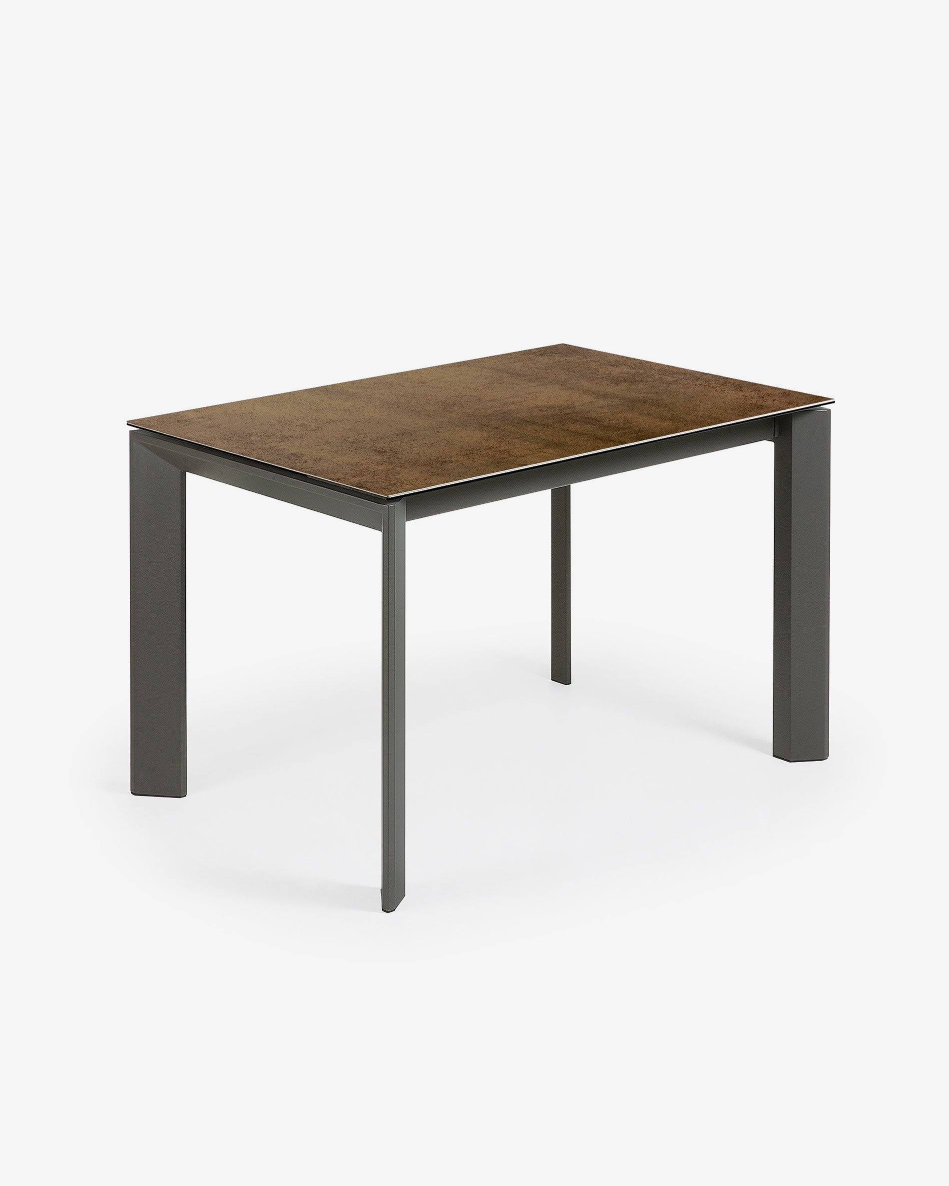 Axis extendable table with fine stoneware in Iron Corten finish and dark grey legs, 120 (180) cm