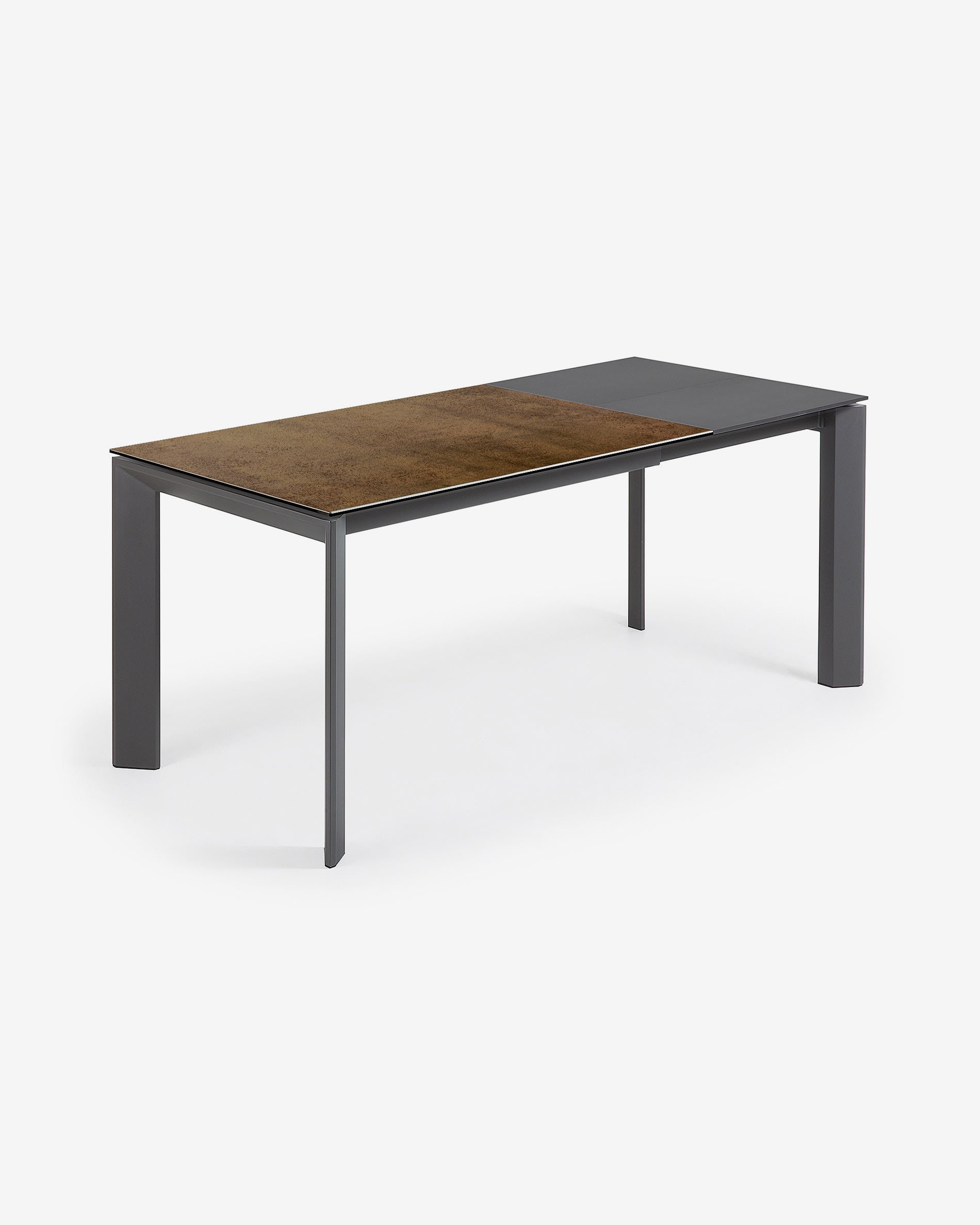 Axis extendable table with fine stoneware in Iron Corten finish and dark grey legs, 120 (180) cm
