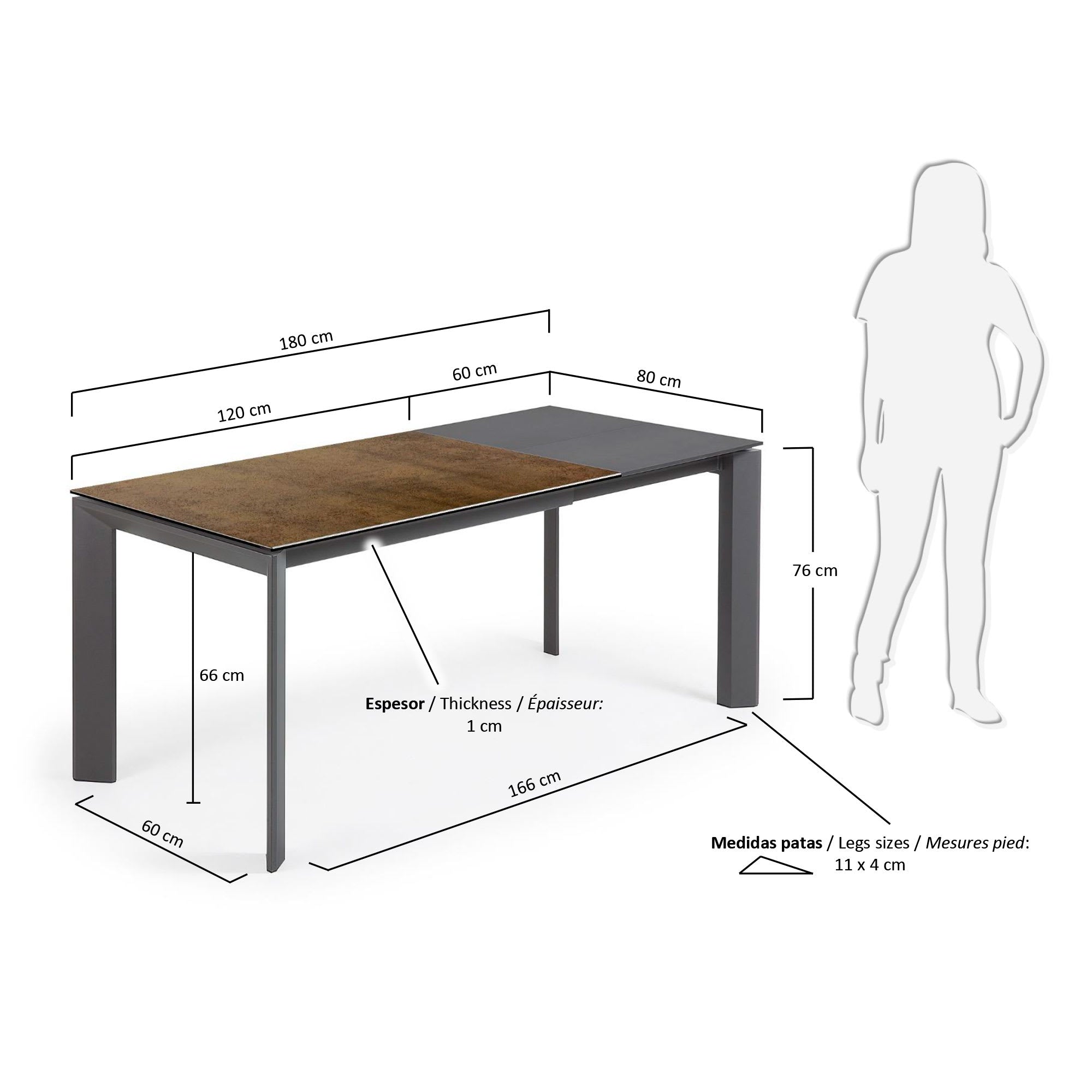 Moderner Ausziehtisch mit Iron Corten Feinsteinzeugplatte und dunkelgrauen Beinen, erweiterbar von 120 auf 180 cm.