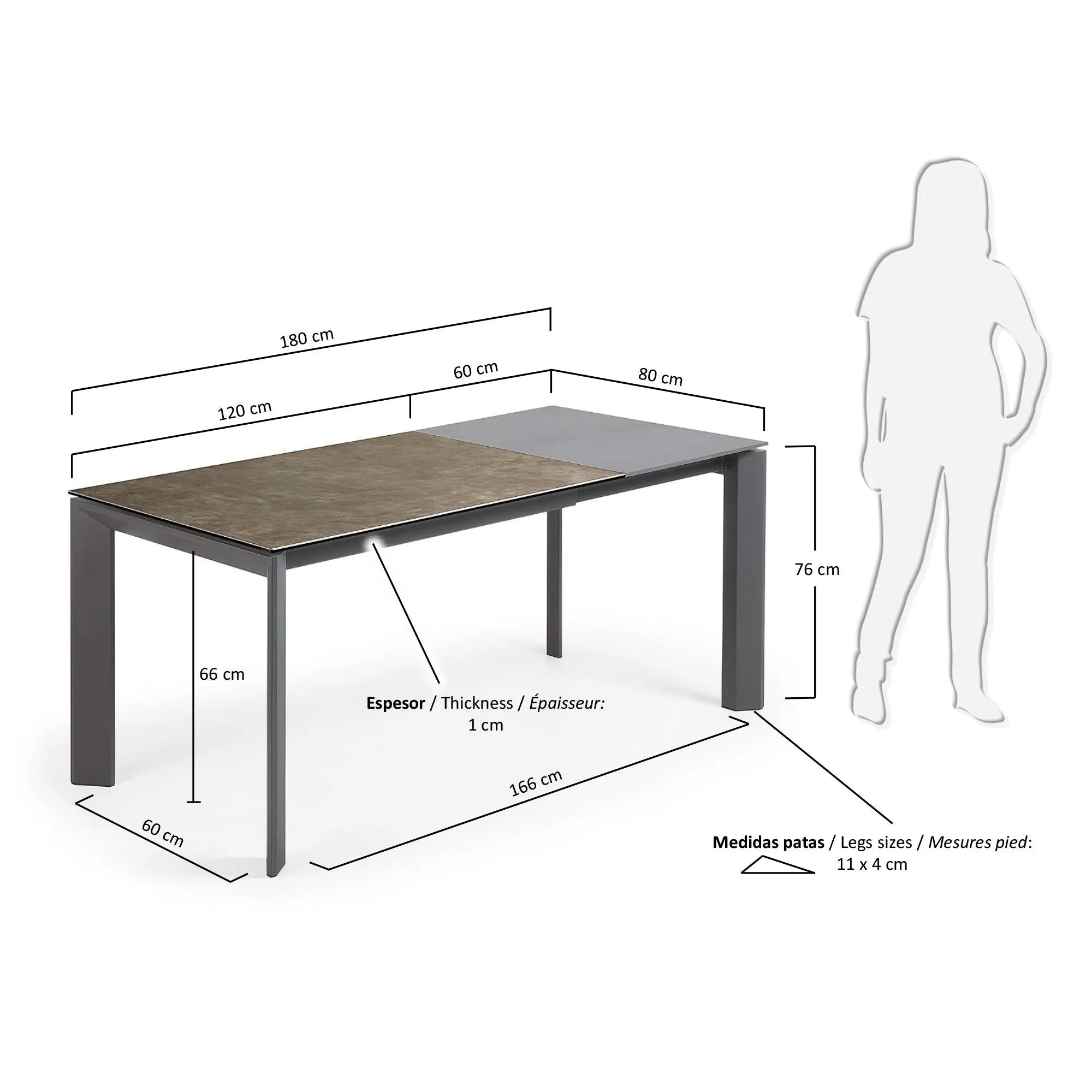 Moderner Ausziehtisch mit robuster Feinsteinzeugplatte und stabilen Stahlbeinen, flexibel von 120 auf 180 cm erweiterbar.