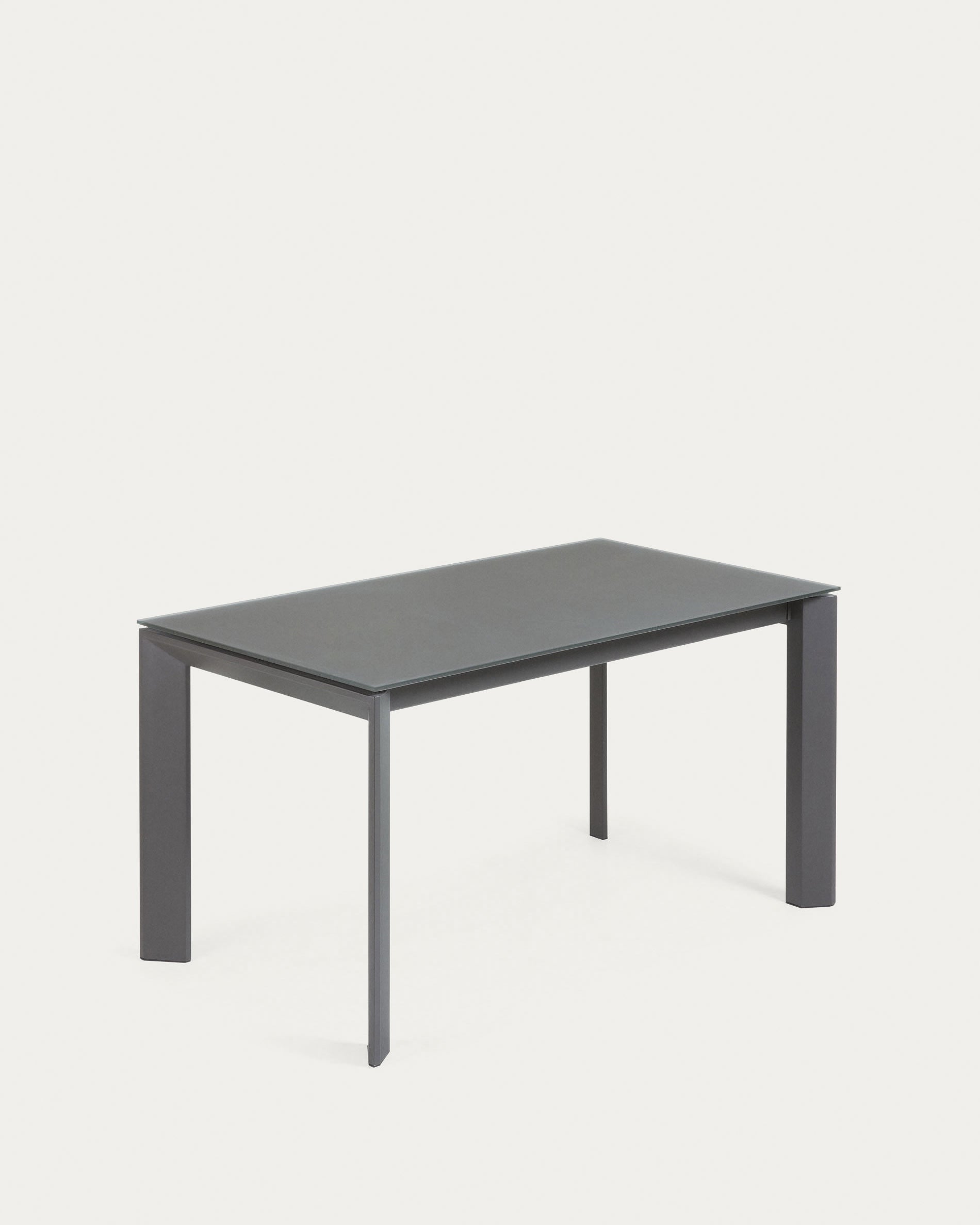 3D-Modell des Axis Ausziehtischs: Graues Glas, dunkelgraue Stahlbeine, erweiterbar, modernes Design.
