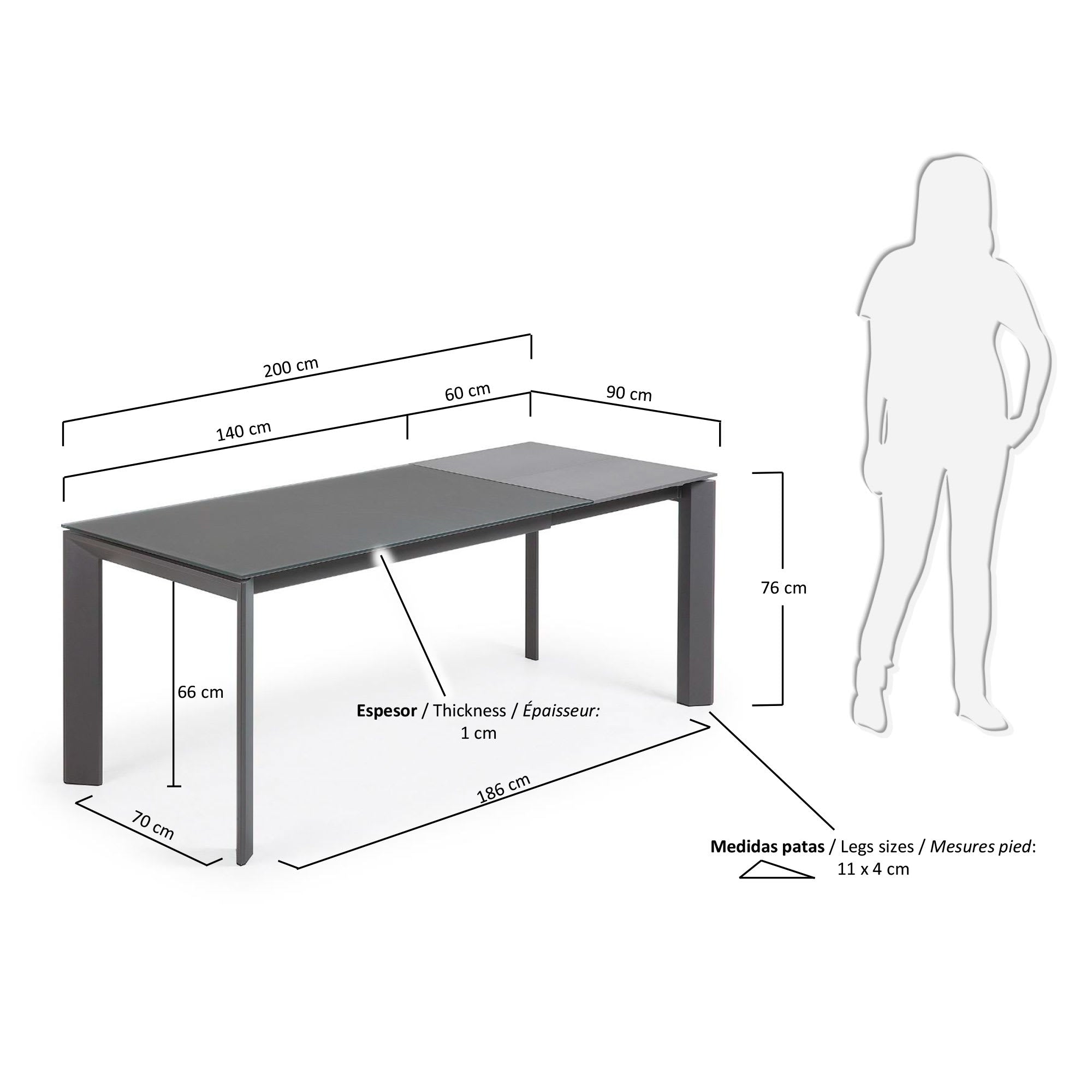 Eleganter Axis Tisch mit grauer Glasplatte und dunkelgrauen Stahlbeinen, ausziehbar von 140 auf 200 cm, ideal für modernes Wohnen.