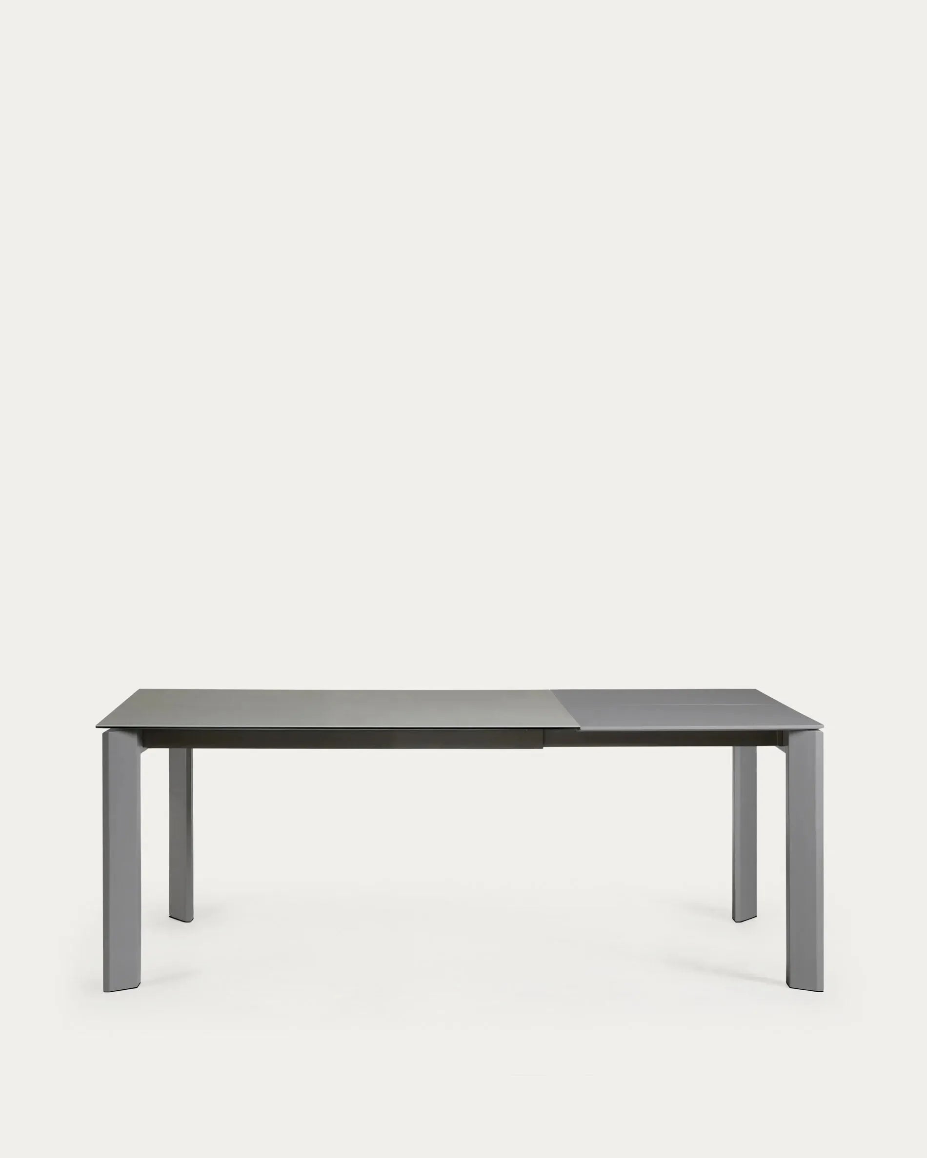 Eleganter Ausziehtisch mit Feinsteinzeugplatte, Hydra Plomo Finish und anthrazitfarbenen Stahlbeinen, 140-200 cm.
