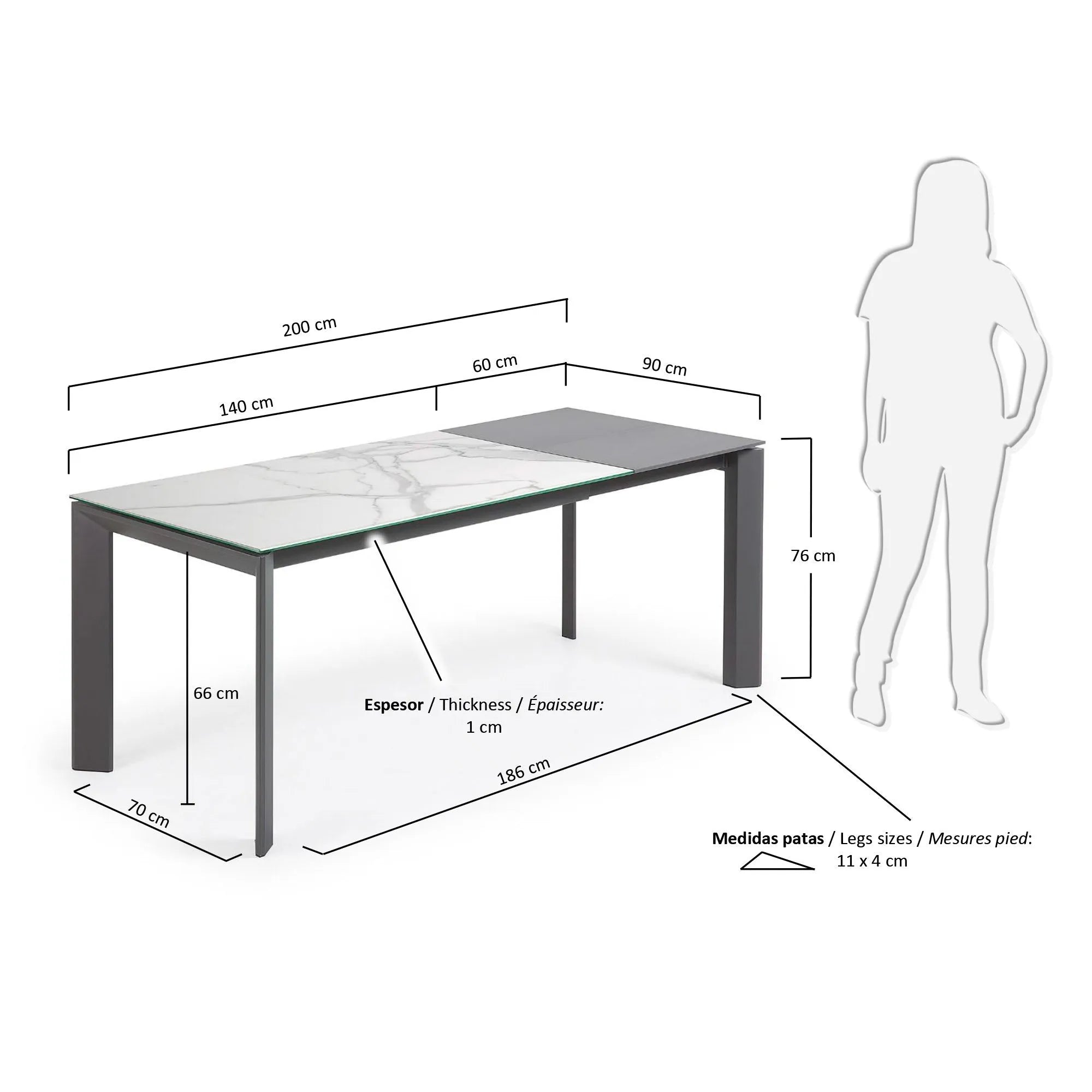 Moderner Ausziehtisch mit Kalos Weißer Feinsteinzeugplatte und dunkelgrauen Stahlbeinen, erweiterbar von 140 auf 180 cm.
