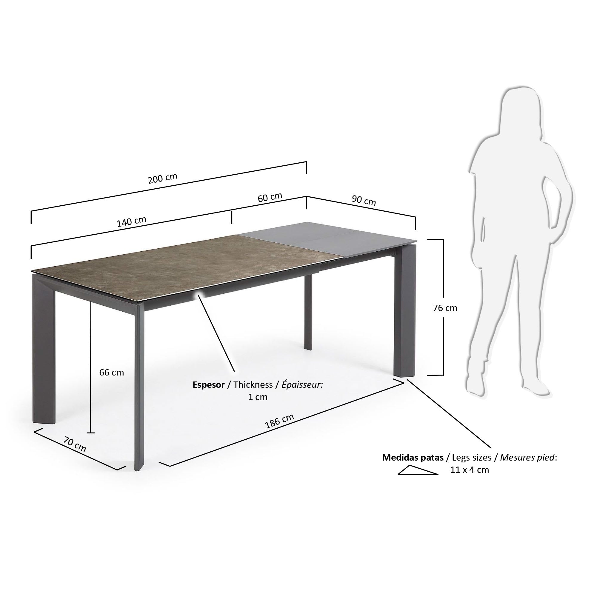 Eleganter Ausziehtisch mit Vulcano Ceniza Feinsteinzeugplatte und anthrazitfarbenen Stahlbeinen, ausziehbar von 140 auf 200 cm.