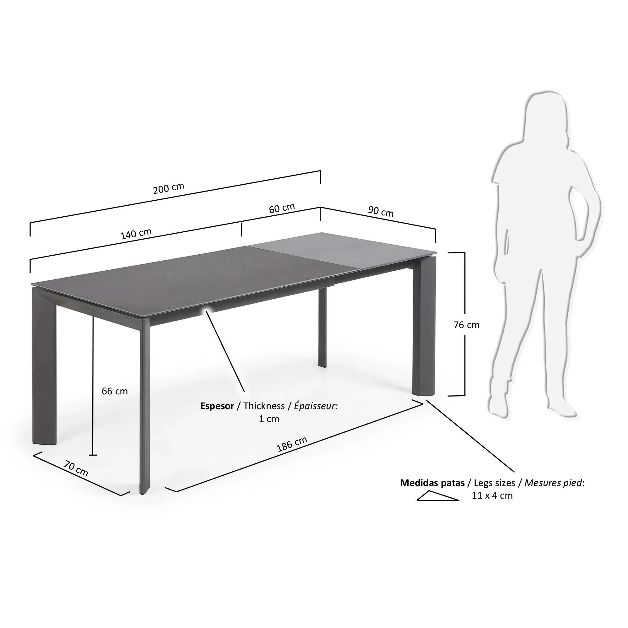 Eleganter Axis Ausziehtisch mit Vulcano Roca Feinsteinzeugplatte und dunklen Stahlbeinen, ausziehbar von 140 auf 200 cm, modern und funktional.
