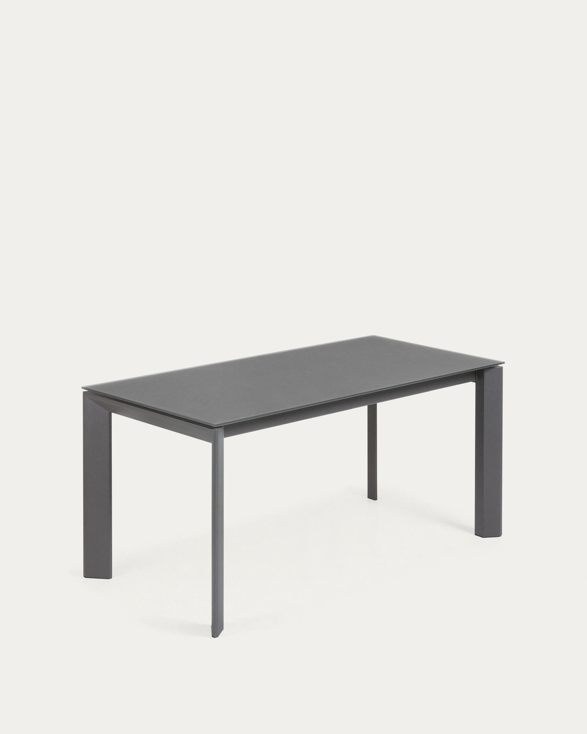 Eleganter Axis Ausziehtisch: Graues Glas, dunkle Stahlbeine, 160-220 cm. Modern, flexibel, stabil. AR-fähig.