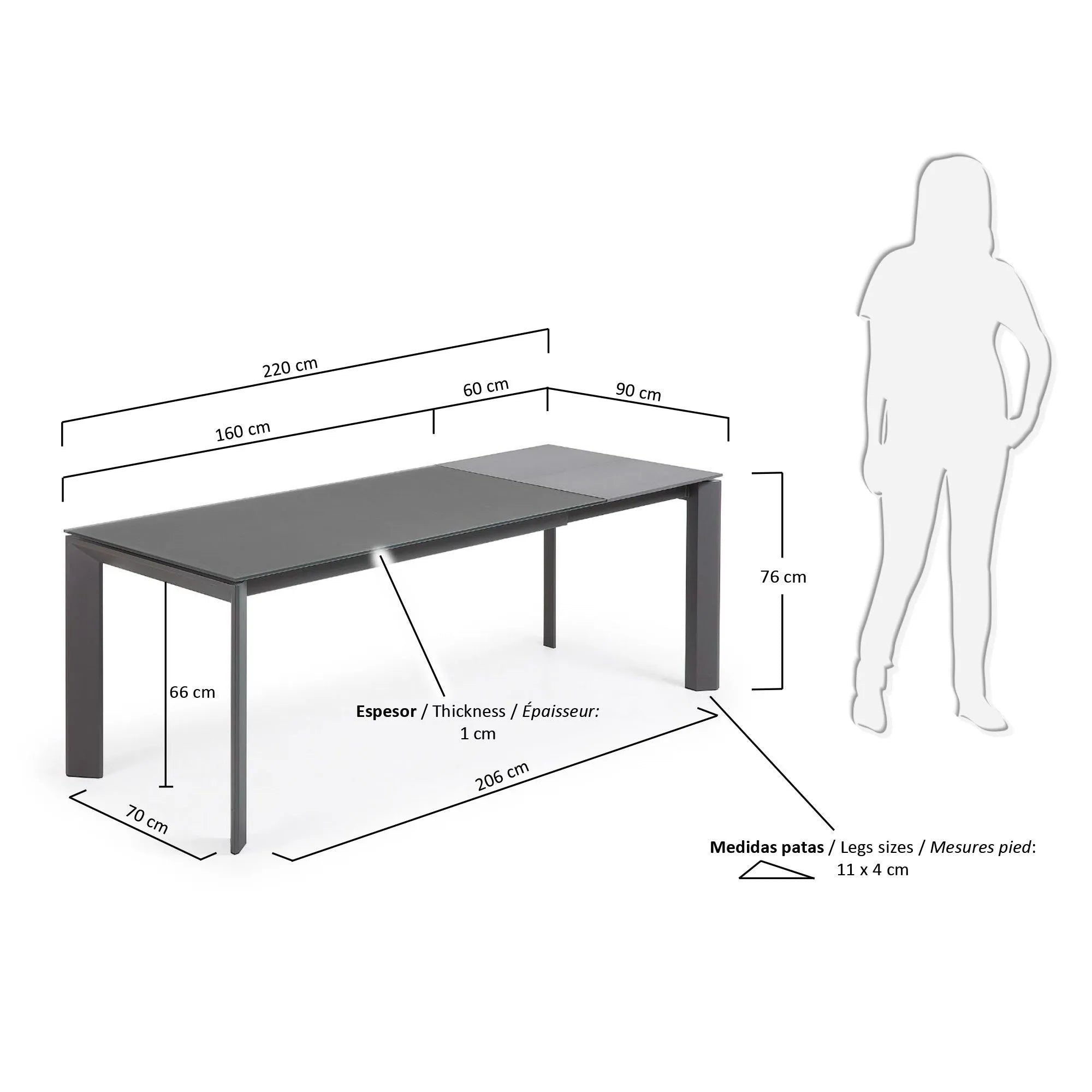 Eleganter Ausziehtisch mit grauer Glasplatte und dunklen Stahlbeinen, flexibel von 160 auf 220 cm erweiterbar.