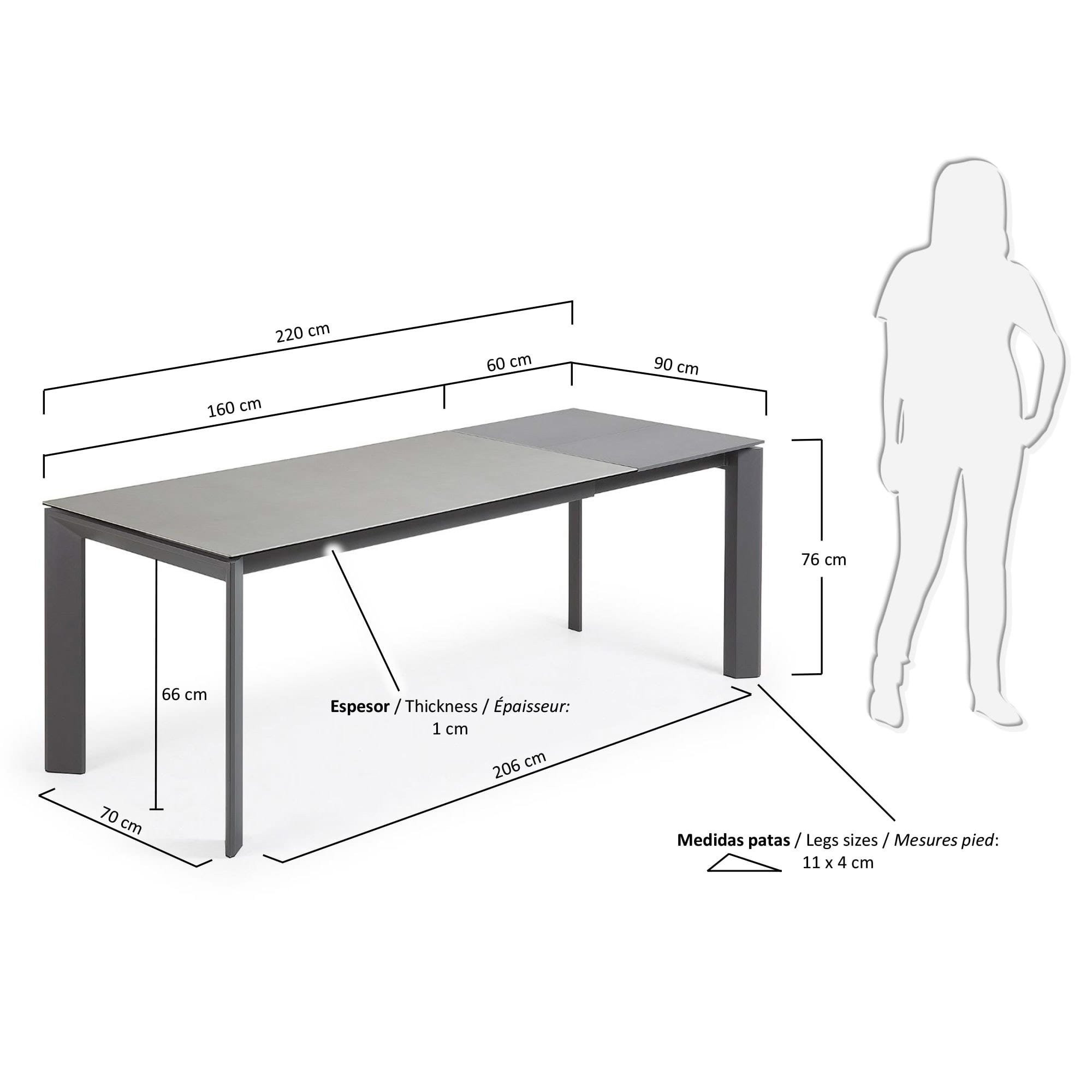 Eleganter Axis Ausziehtisch von Kave Home mit pflegeleichter Feinsteinzeug-Oberfläche und stabilen anthrazitfarbenen Beinen, ausziehbar bis 220 cm.