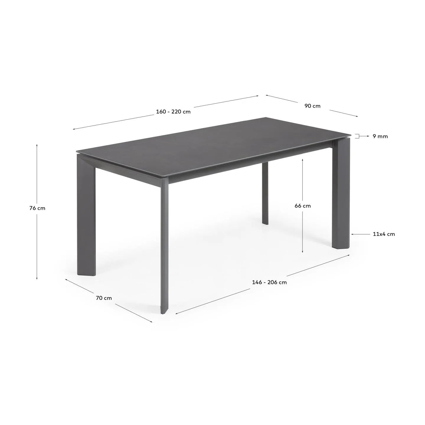 Moderner Ausziehtisch mit robuster Feinsteinzeugplatte und eleganten schwarzen Stahlbeinen, erweiterbar von 160 auf 220 cm.