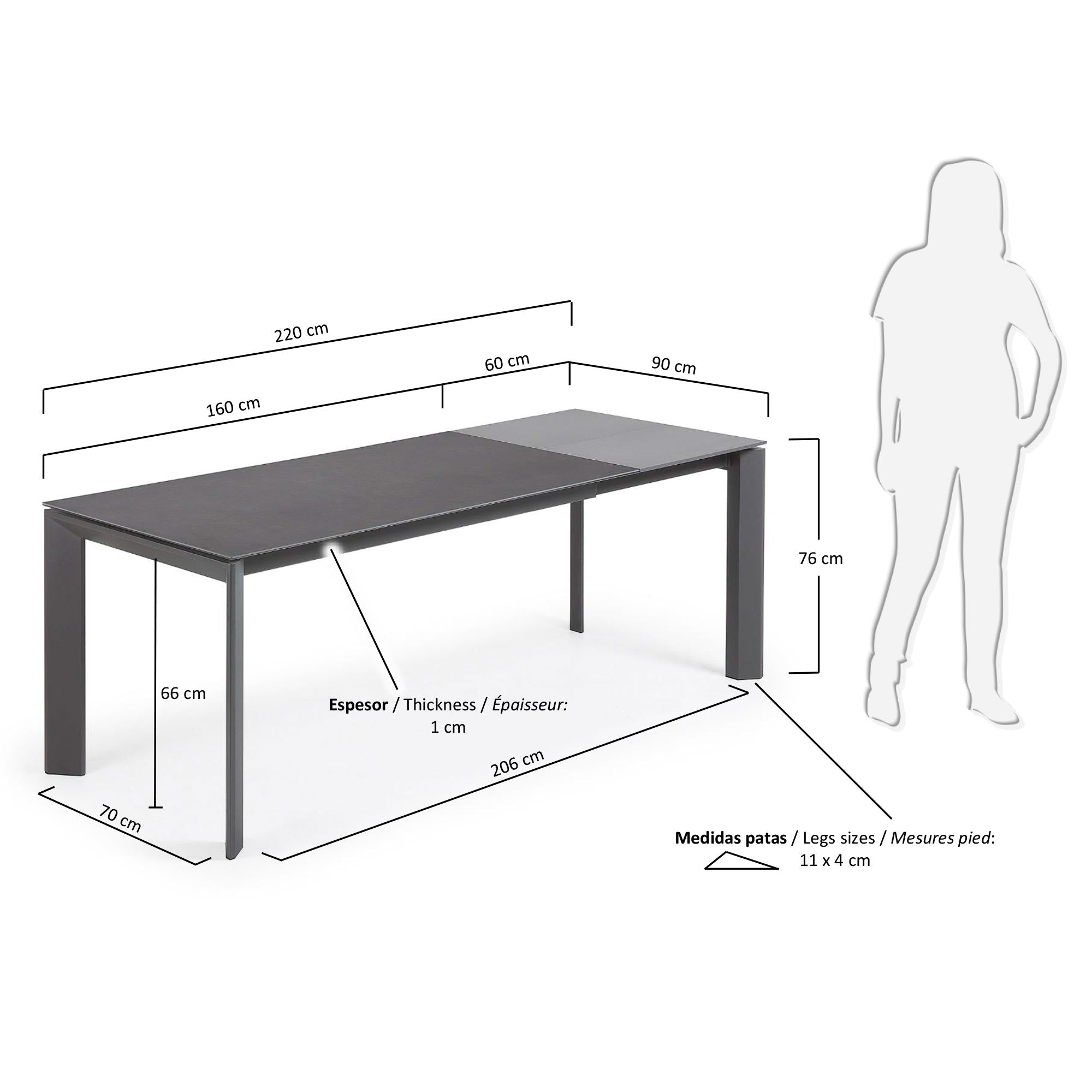 Eleganter Axis Ausziehtisch mit Vulcano Roca Feinsteinzeugplatte und dunkelgrauen Beinen, erweiterbar von 160 auf 220 cm, von Kave Home.