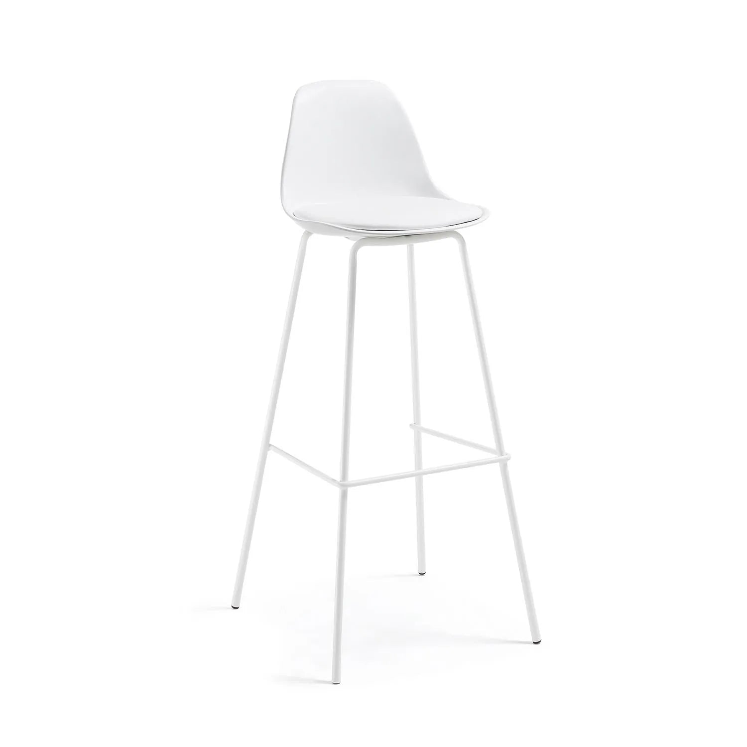 Moderner weißer Barhocker, 75 cm, mit Stahlgestell und Kunstledersitz, ideal für minimalistische Küchen und Bars.