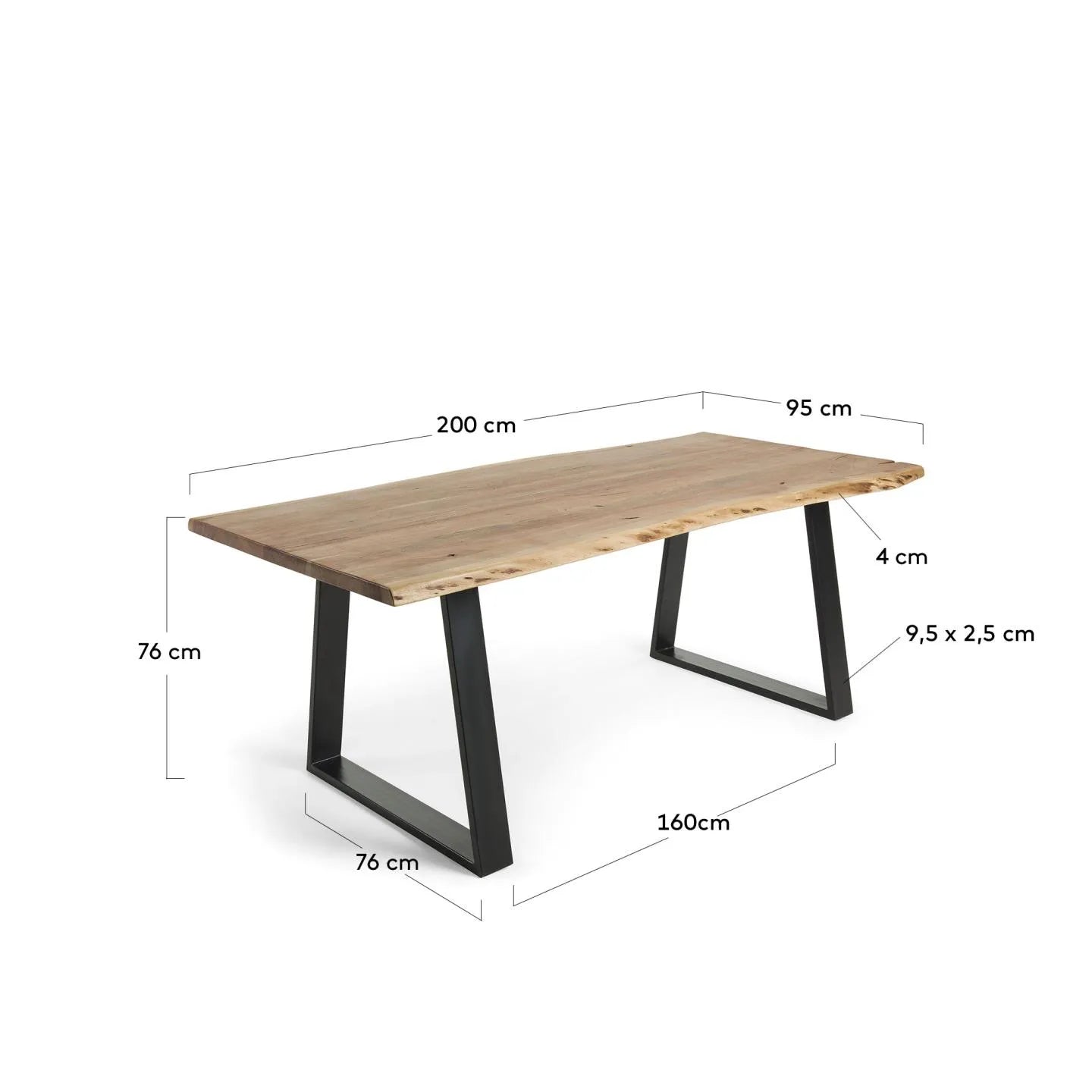 Eleganter Tisch aus Akazienholz mit schwarzen Stahlbeinen, ideal für stilvolle Zusammenkünfte und langlebige Qualität.