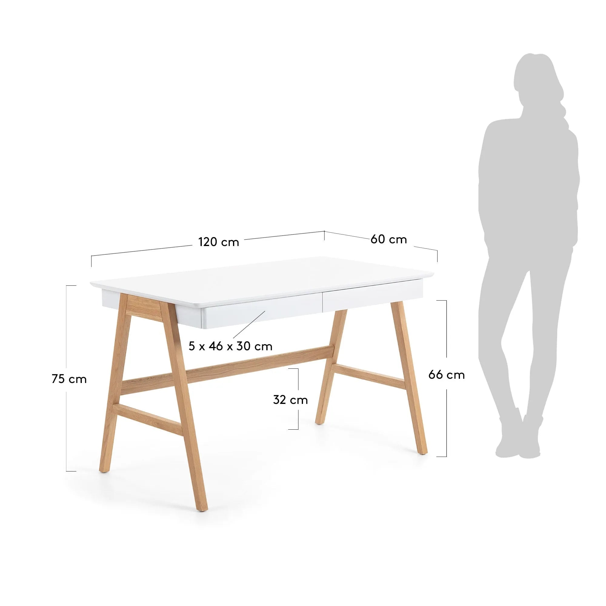 Der Dyana Tisch vereint moderne Eleganz mit Funktionalität: Weiße MDF-Platte trifft auf robuste Eschenholzbeine.