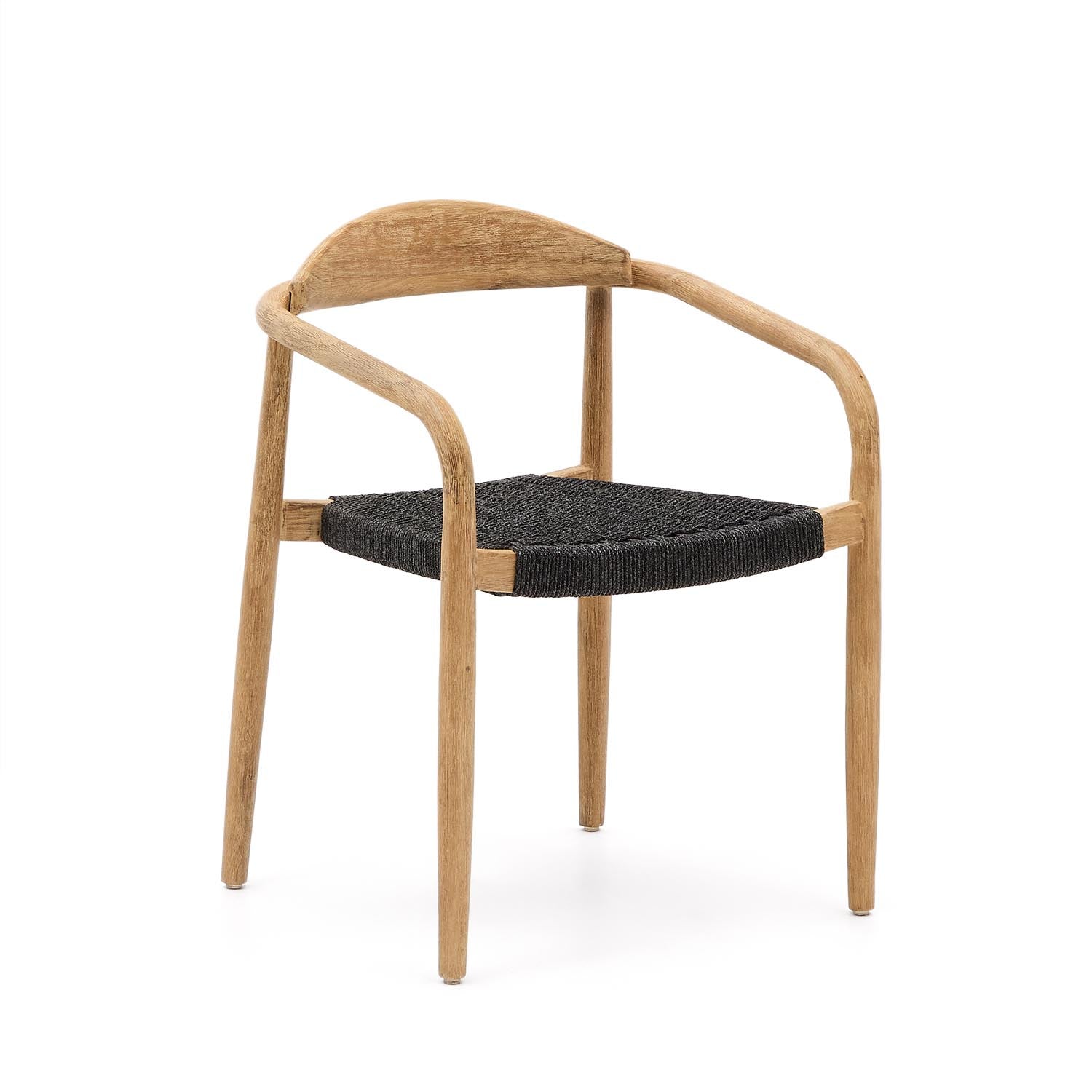 3D-Modell eines modernen, stapelbaren Stuhls aus Akazienholz und schwarzem Seil, ideal für drinnen und draußen.
