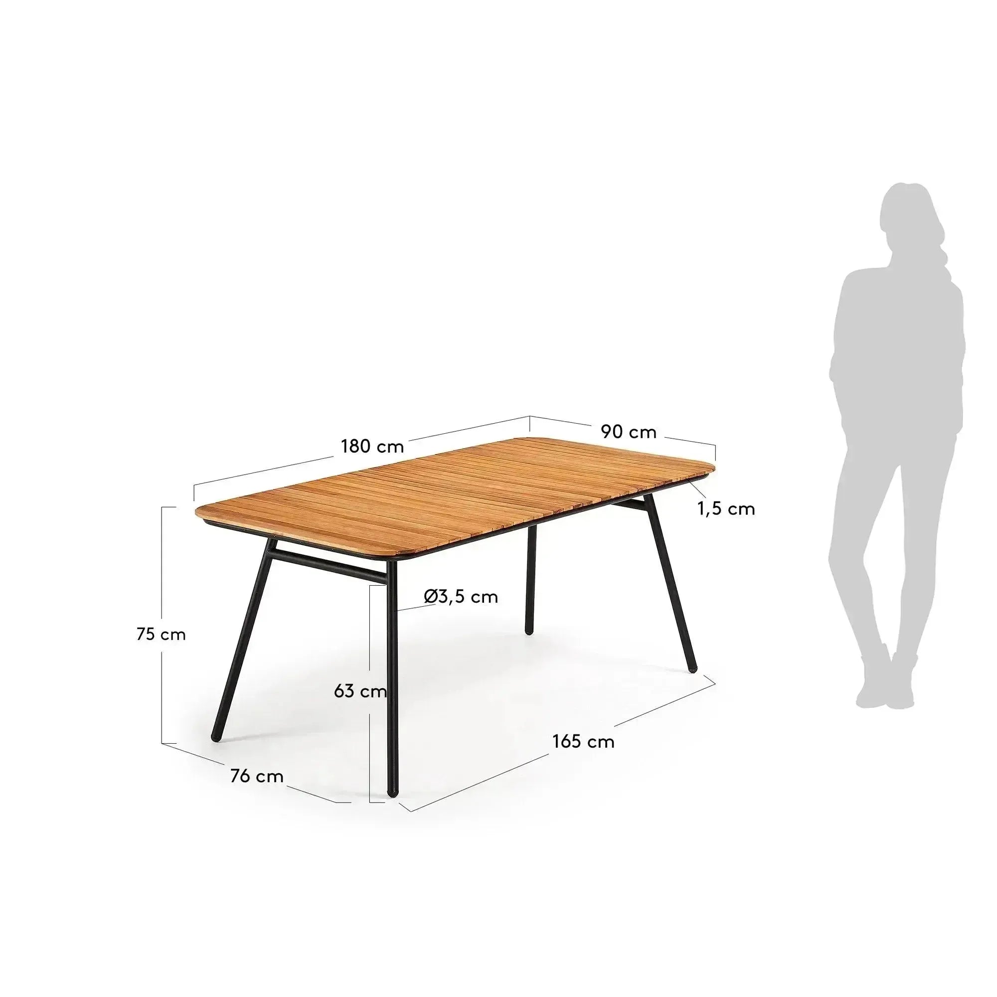 Eleganter Tisch aus massivem Akazienholz mit robusten schwarzen Stahlbeinen, FSC-zertifiziert, perfekt für modernes Wohnen.