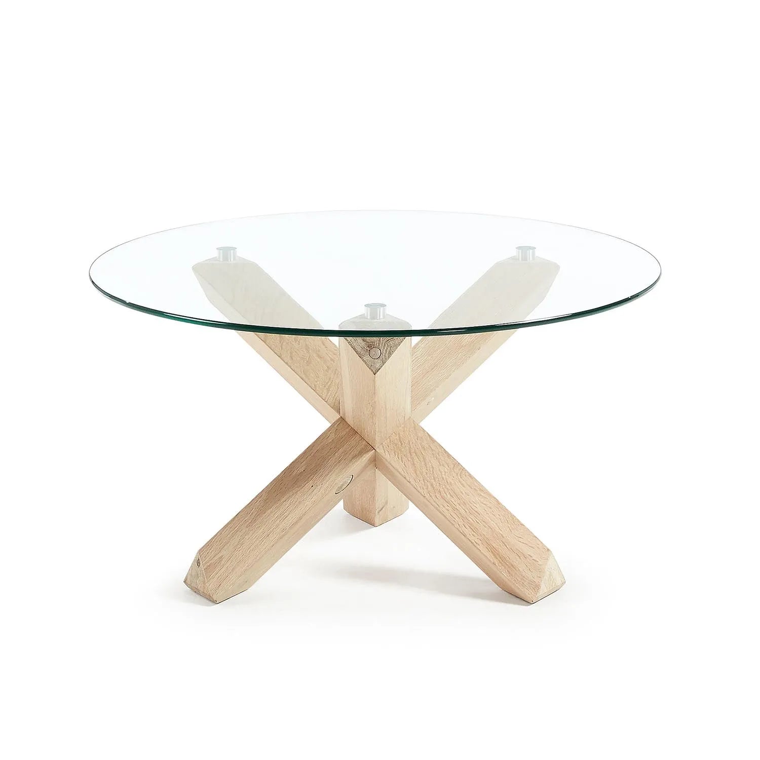 Eleganter Lotus Couchtisch Ø 65 cm: Glasplatte, Eichenholzbeine, modern, robust, ideal für stilvolle Wohnräume.