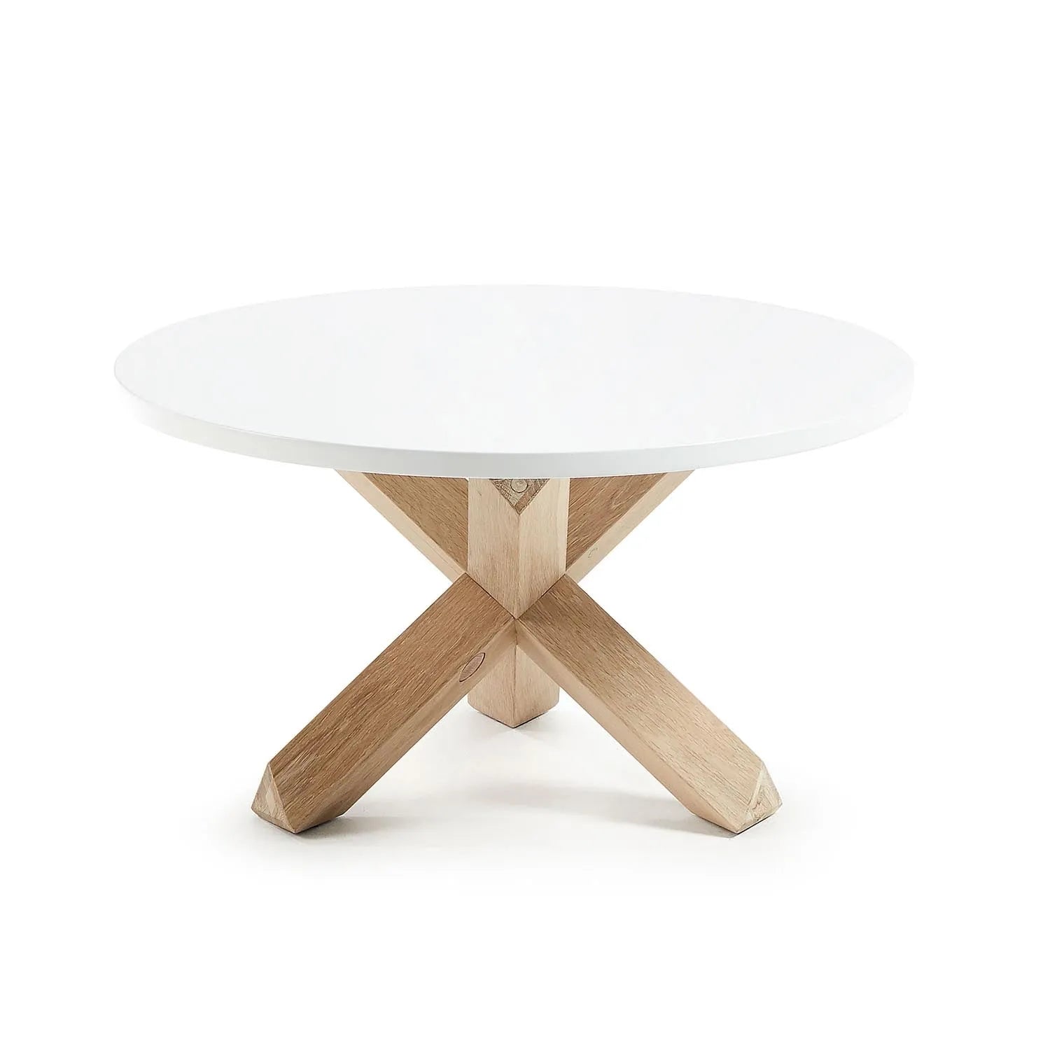 Eleganter Lotus Couchtisch Ø 65 cm: Weiße MDF-Platte, massive Eichenbeine, stilvoll und funktional für Ihr Wohnzimmer.