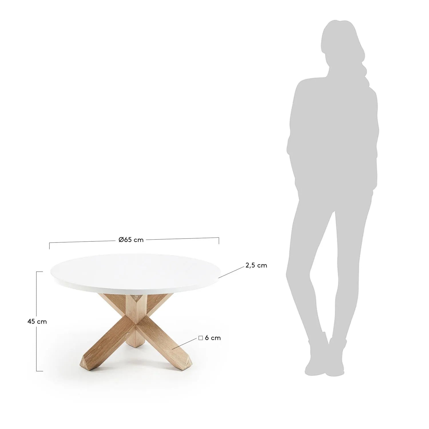 Stilvoller Lotus Couchtisch Ø 65 cm, MDF weiß, Eichenholzbeine.