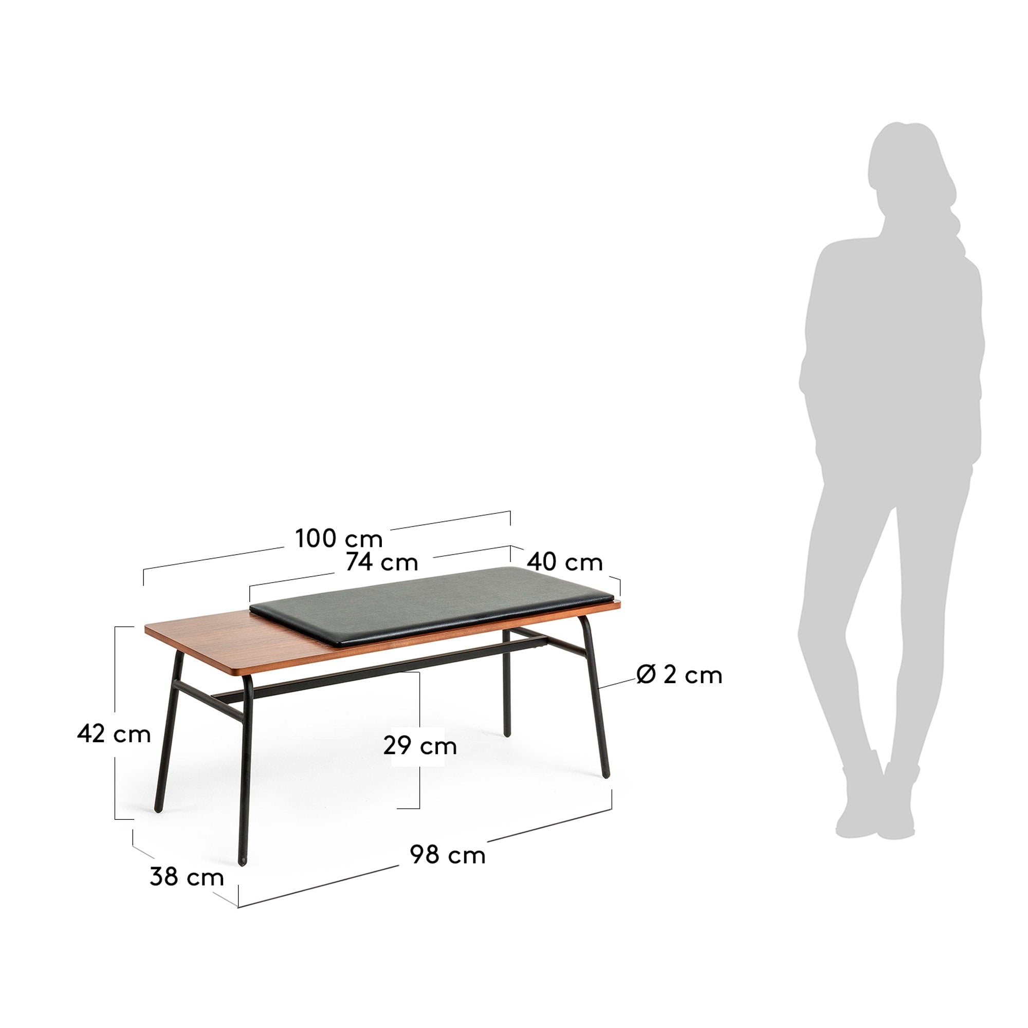 Die Carabel Bank aus Stahl und Nussholzfurnier vereint Eleganz und Stabilität in einem modernen Design auf 100 cm Breite.