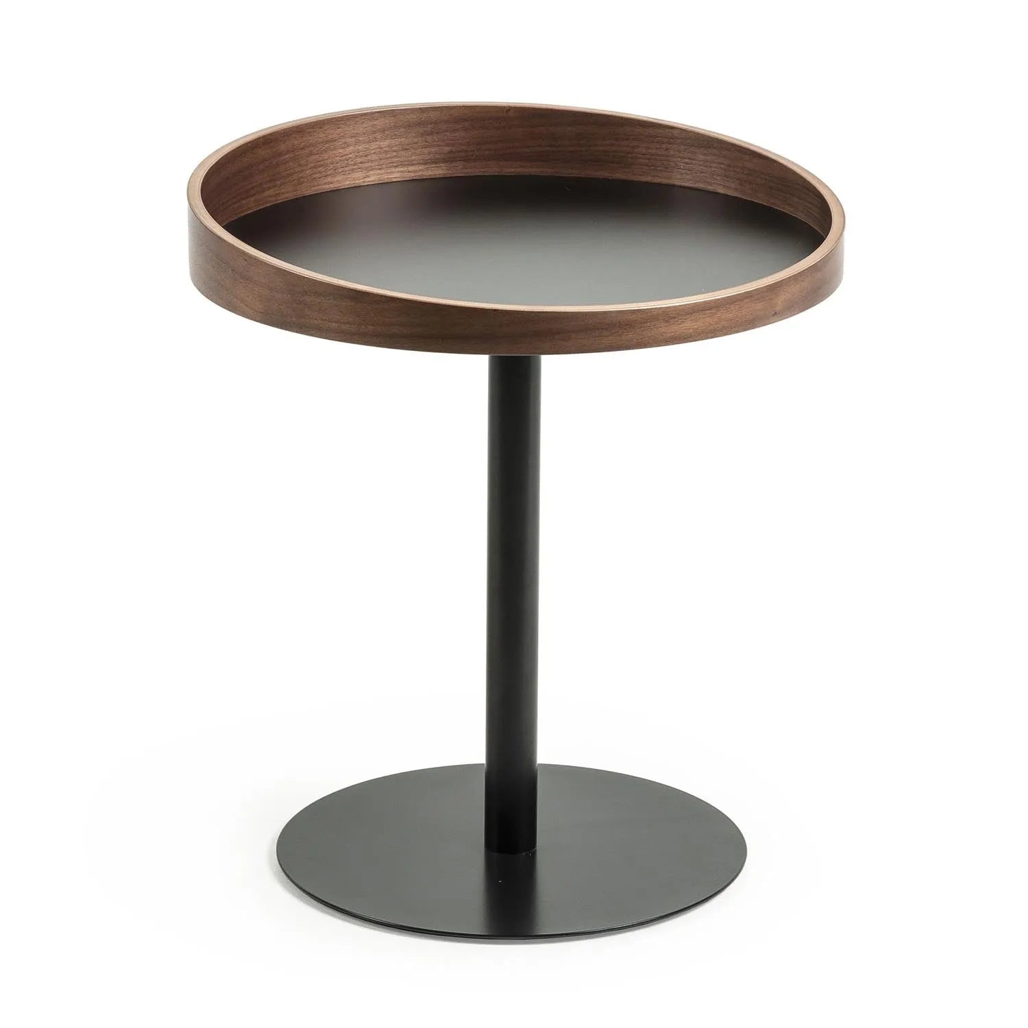 Eleganter Kaori Beistelltisch Ø 46 cm: Walnussfurnier, Metallbeine, modern, stabil, vielseitig, ideal für kleine Räume.
