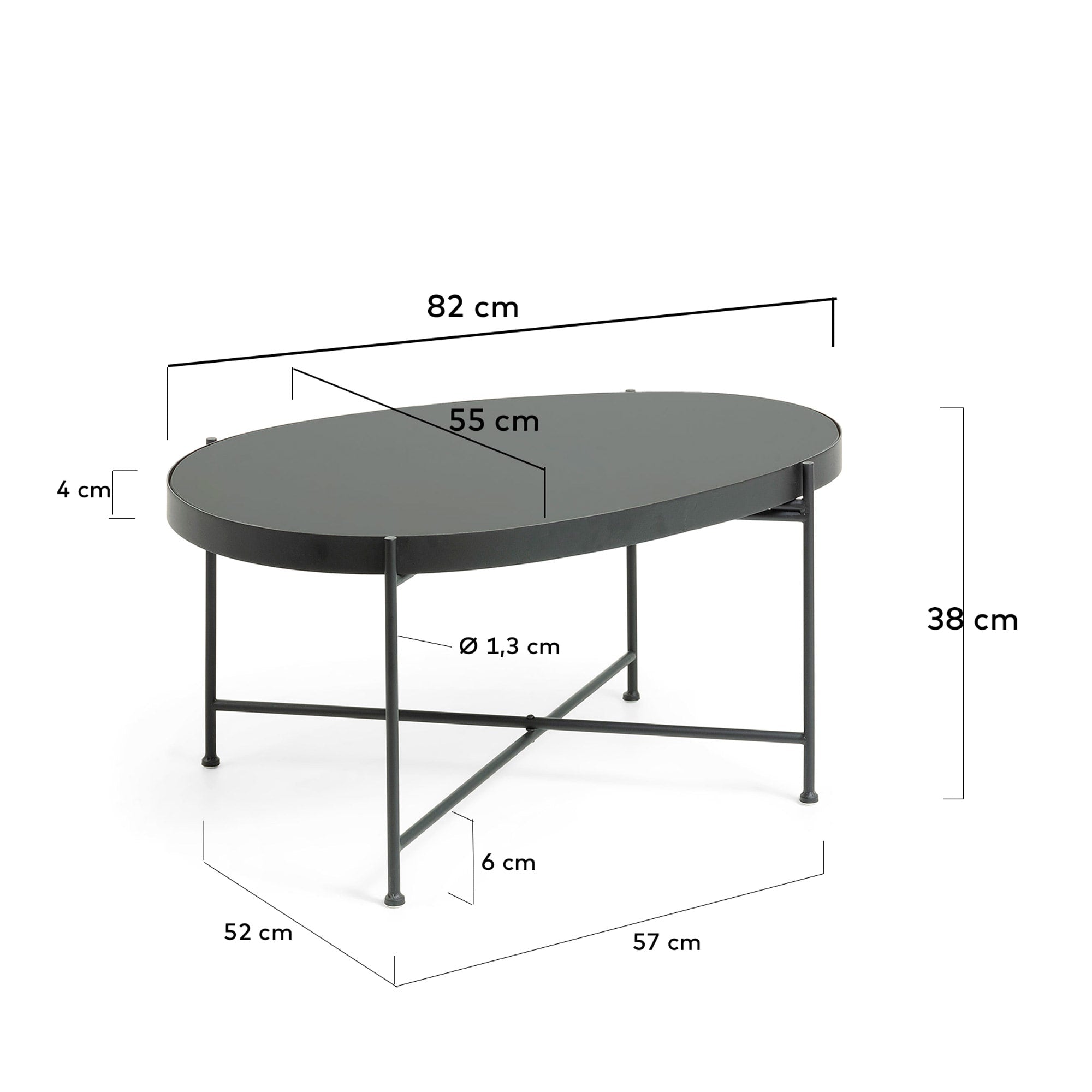 Eleganter Couchtisch mit getöntem Glas und schwarzem Stahlgestell, perfekt für moderne Wohnräume, Maße: 82 x 55 cm.