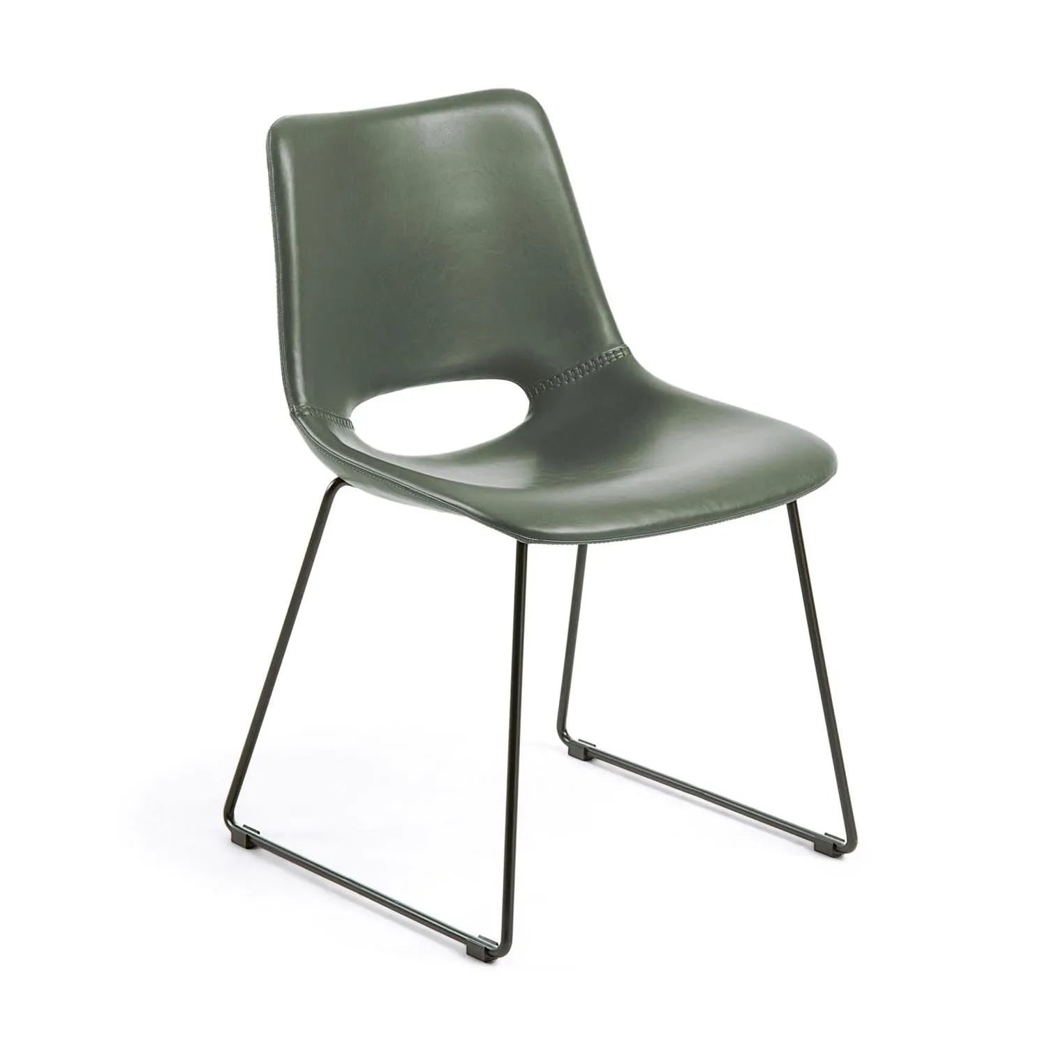 3D-Modell des Zahara Stuhls: Grüner Sitz, schwarze Stahlbeine. Elegant und vielseitig für jeden Raum. AR-kompatibel.