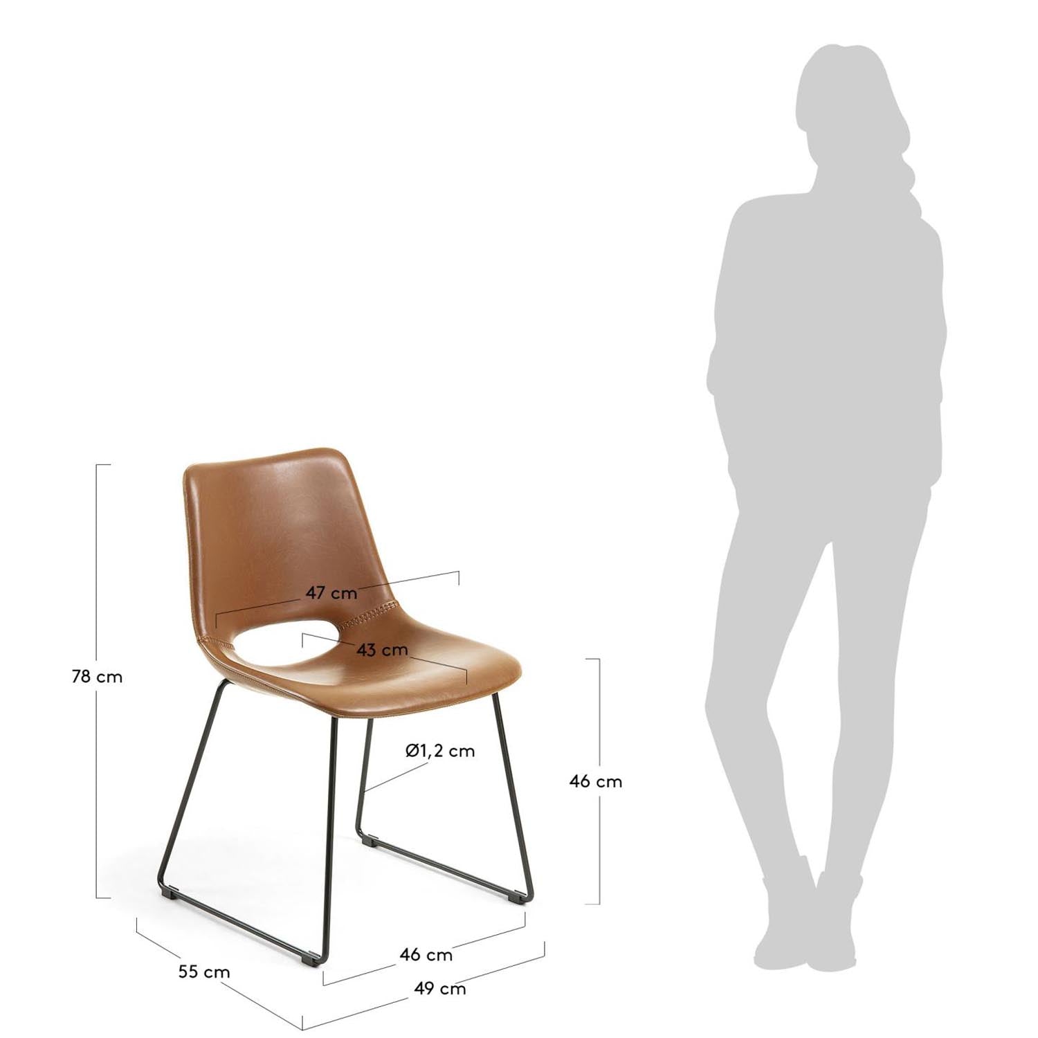 Eleganter Zahara Stuhl: Braunes Kunstleder, schwarze Stahlbeine.