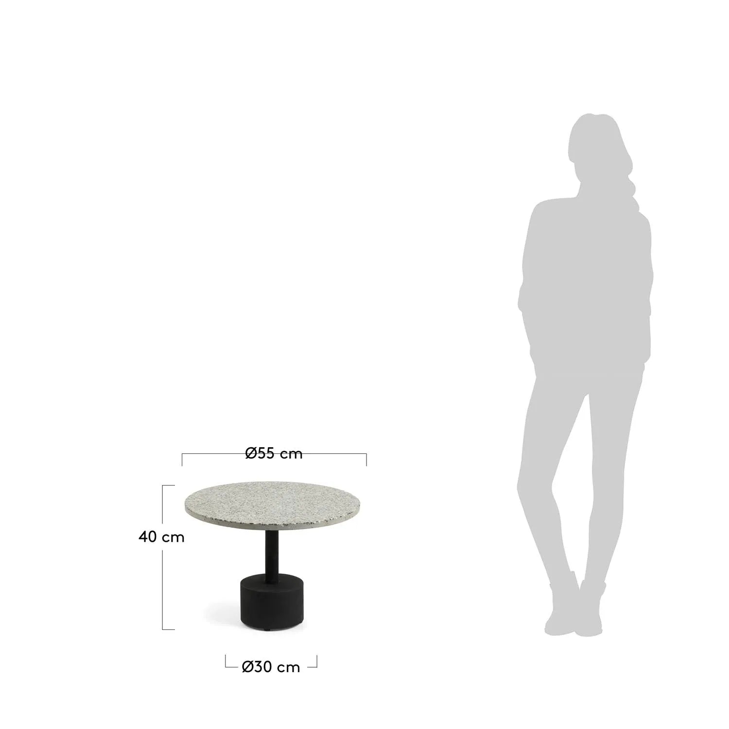 Stilvoller Beistelltisch aus grauem Terrazzo mit schwarzen Stahlbeinen.